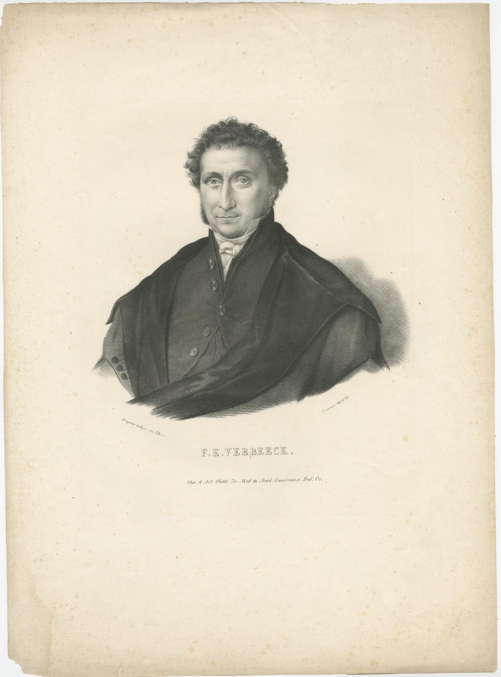 Antique Portrait of F.E. Verbeeck by Lemonnier, c.1840 In Good Condition For Sale In Langweer, NL