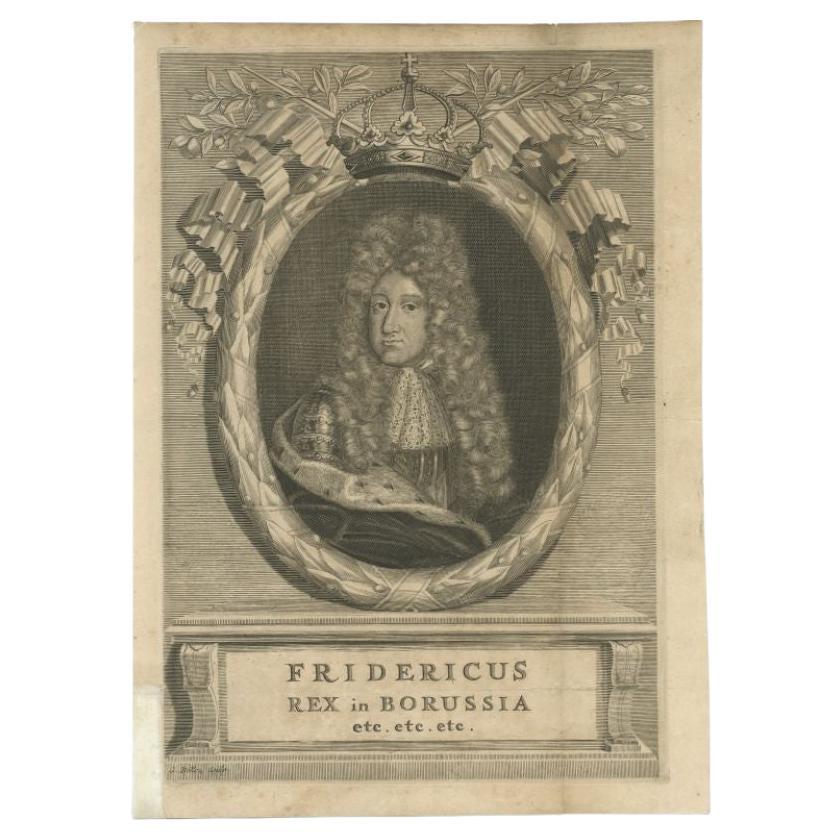 Antique portrait titled 'Fridericus Rex in Borussia (..)'. Portrait of, most likely, Friedrich I. Friedrich I was King of Prussia. Source unknown, to be determined.

Engraving of Frederick I, King of Prussia, as king. Bust length with curled