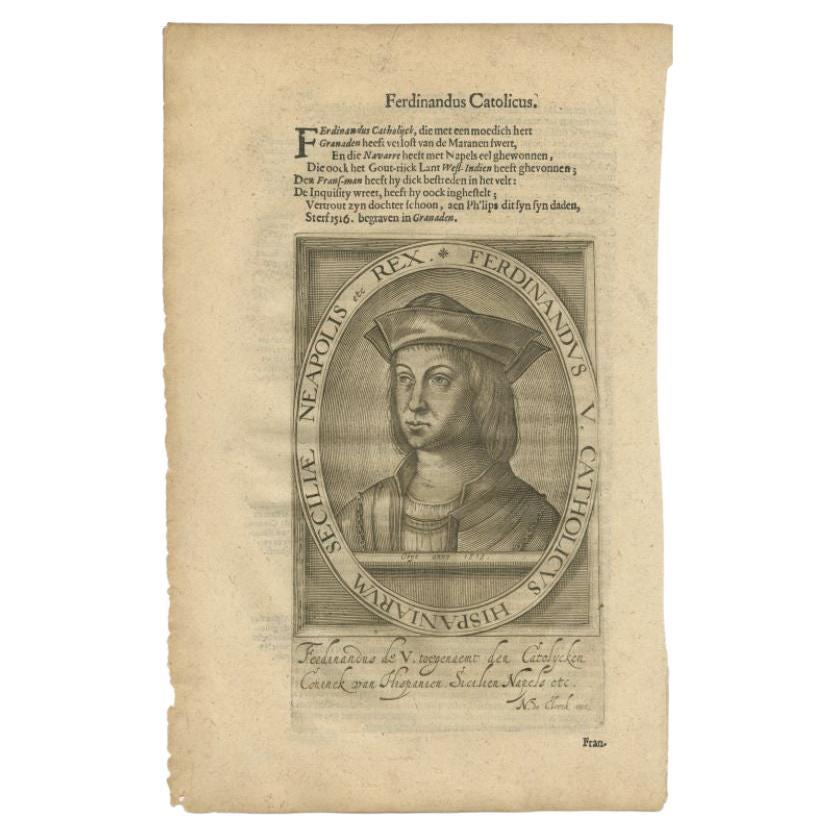 Antique Portrait of Ferdinand V of Spain by Janszoon, 1615 For Sale