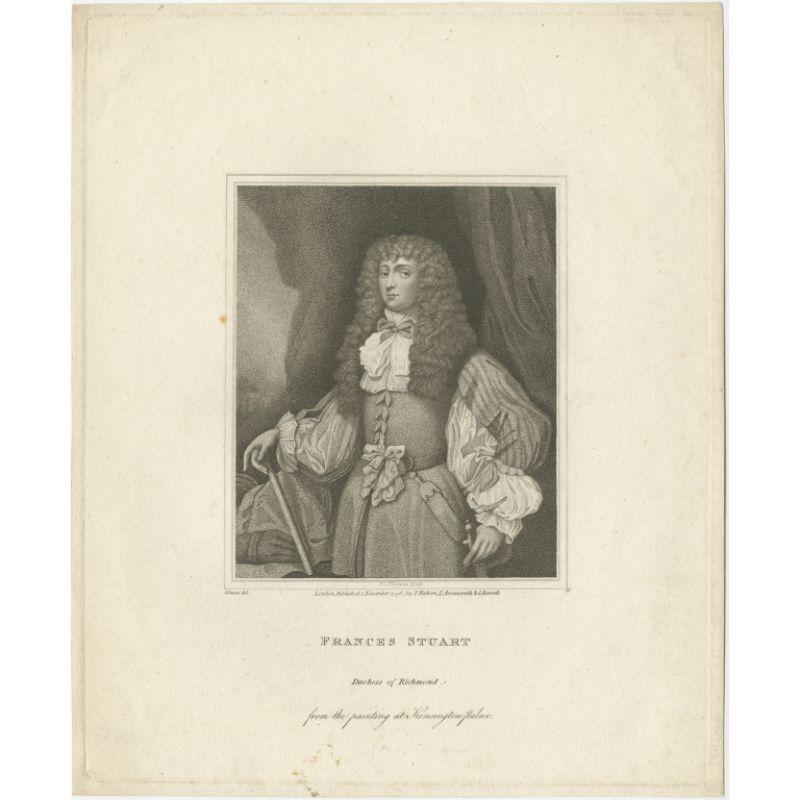 Antique print titled 'Frances Stuart'. Portrait of Francess Stuart, Duchess of Richmond. This print originates from 'Memoirs of Count Crammont' by Hamilton.

Artists and Engravers: Engraved by C. Rivers after a painting by C.