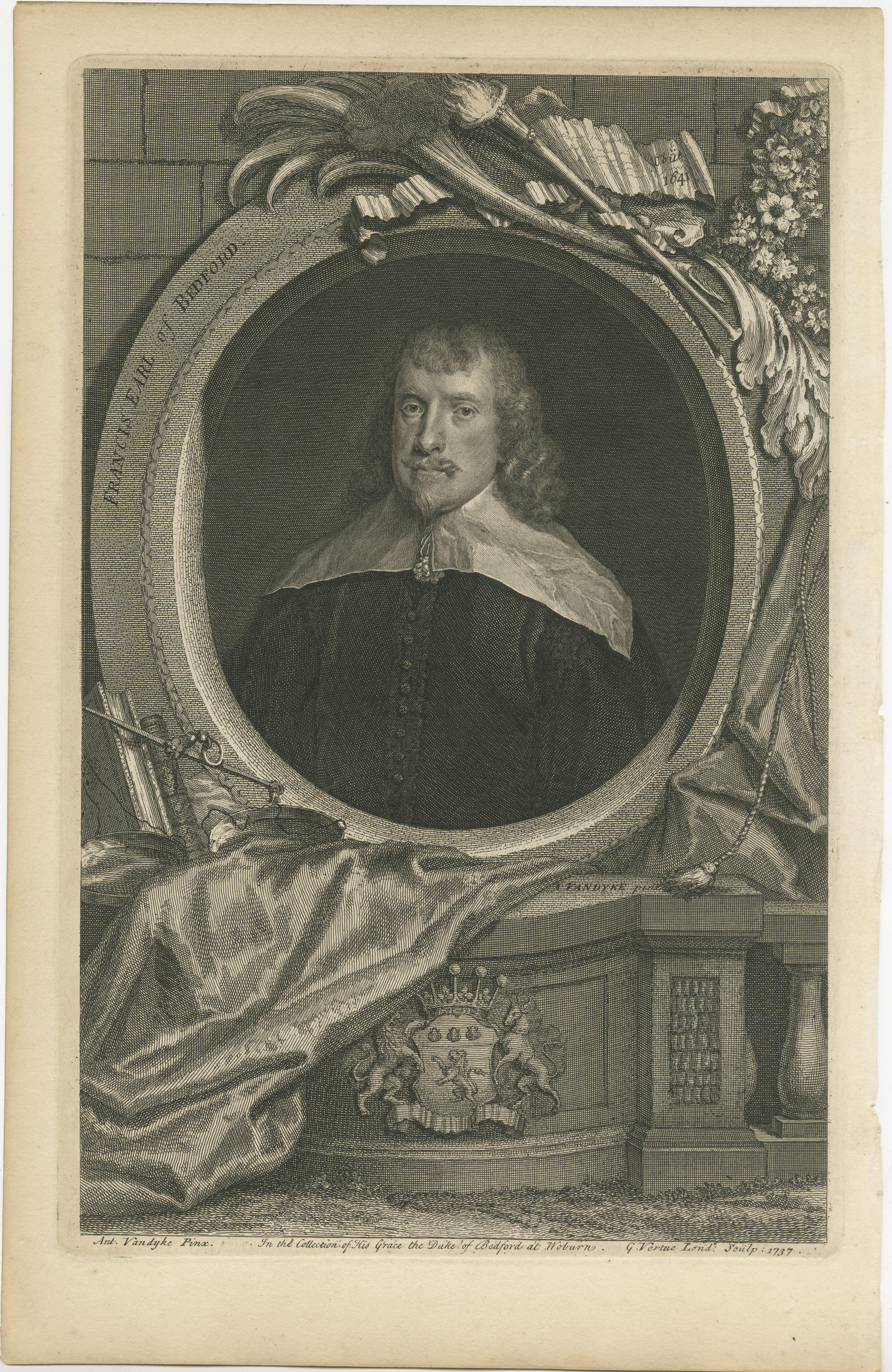 Antique portrait titled 'Francis Earl of Bedford'. Francis Russell, 4th Earl of Bedford PC (1587 – 9 May 1641) was an English nobleman and politician. He built the square of Covent Garden, with the piazza and church of St. Paul's, employing Inigo