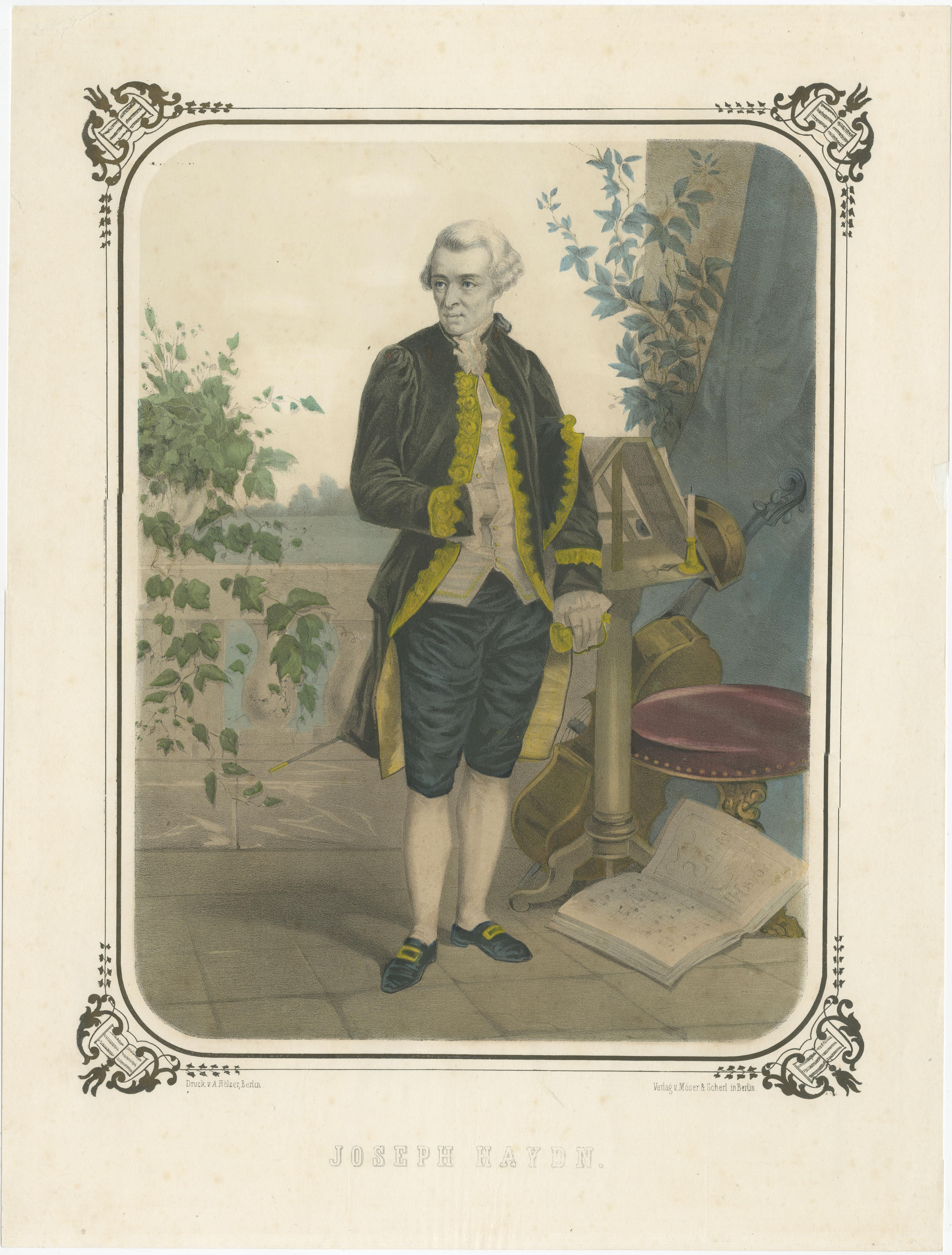 Antique print titled 'Joseph Haydn'. Old portrait of Franz Joseph Haydn. The portrait showcases a full-length view of Haydn. A music stand and cello beside him suggests that he is either composing or preparing for a performance. Published by Möser &