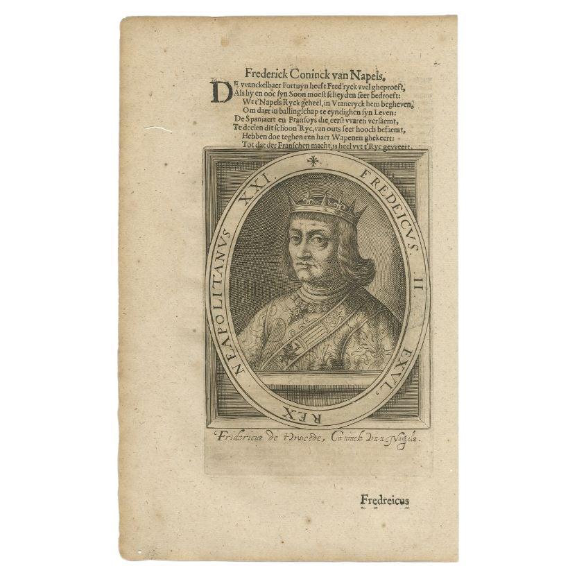 Antique portrait titled 'Fredeicus II (..)'. Portrait of Frederick II, King of Sicily. This print originates from 'Tooneel der keyseren ende coningen van christenryck sedert den onderganck van het Griecks keyserdom vervatende hare beeltnissen