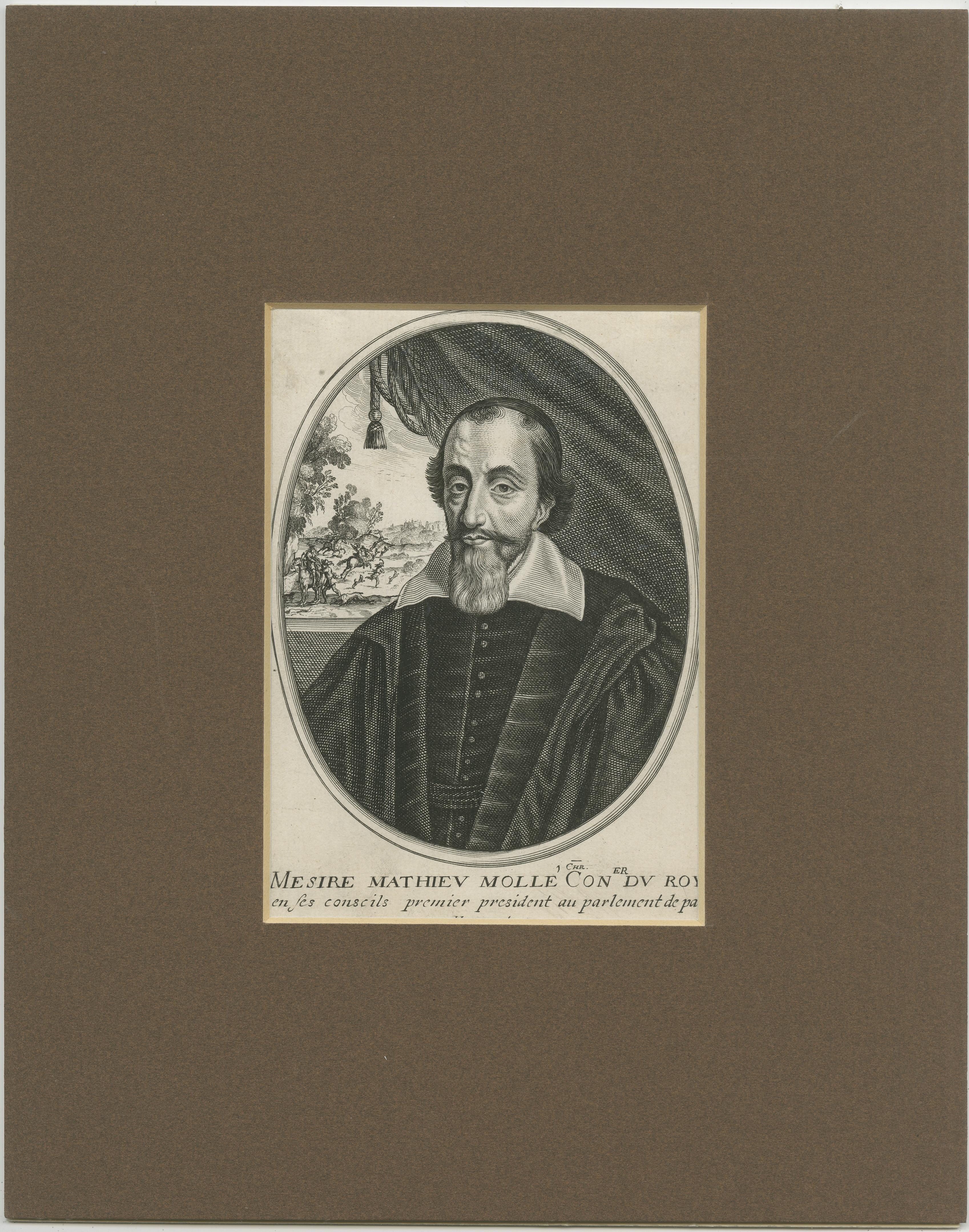 Antique print titled 'Mesire Mathieu Mollé (..)'. Portrait of French magistrate Mathieu Molé, half-length directed to left, looking to front, with skullcap and black magistrate gown, with curtain and stag hunt in the background; in