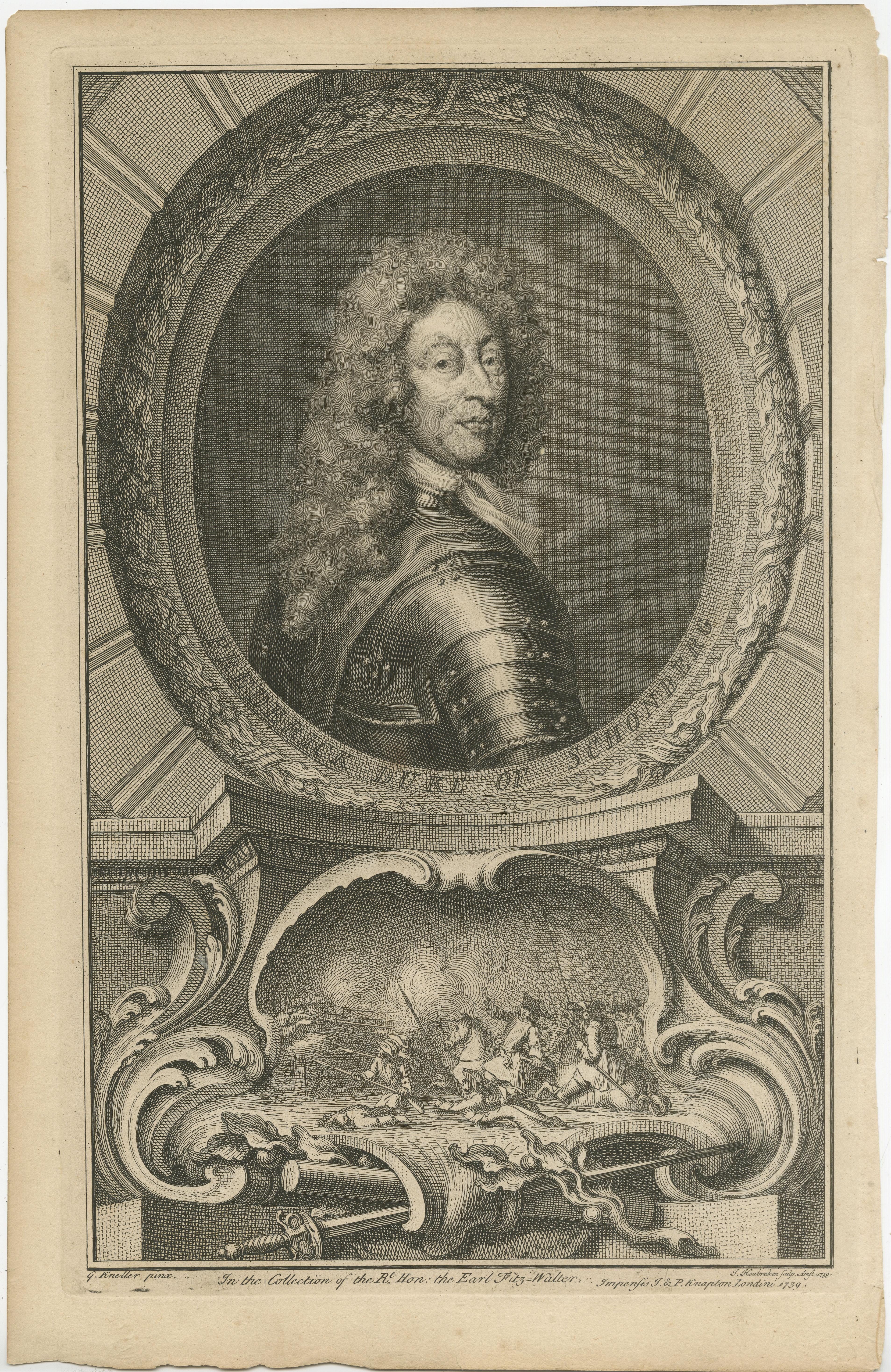 Antique portrait titled 'Frederick Duke of Schonberg'. Old print of Friedrich Herman, 1st Duke of Schomberg, in profile to right looking at viewer over his right shoulder wearing armour and a long wig in an architectural oval with a vignette with a
