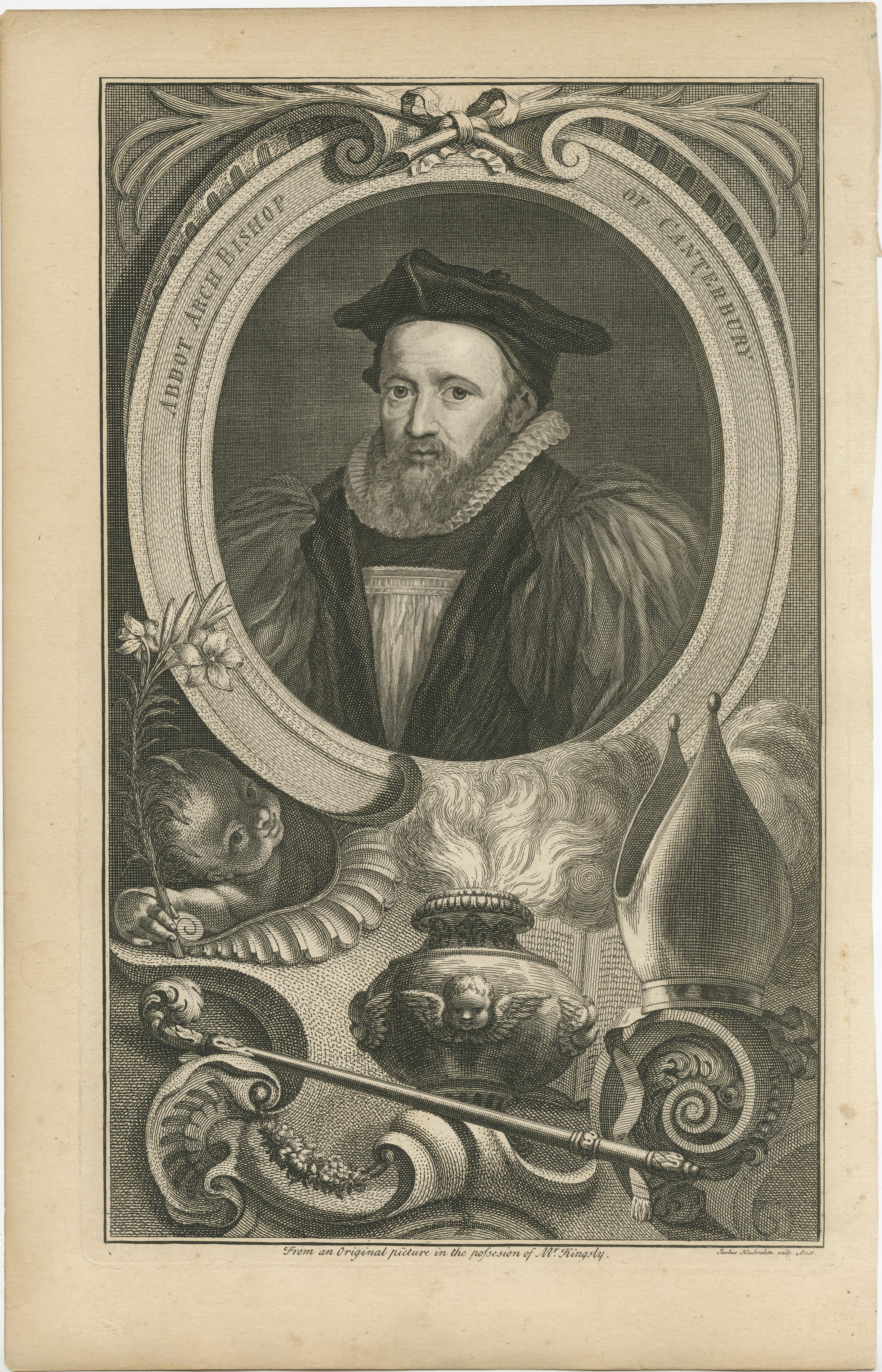 Antique portrait titled 'Abbot Arch Bishop of Canterbury'. George Abbot (29 October 1562 – 4 August 1633) was an English divine who was Archbishop of Canterbury from 1611 to 1633. He also served as the fourth Chancellor of the University of Dublin,
