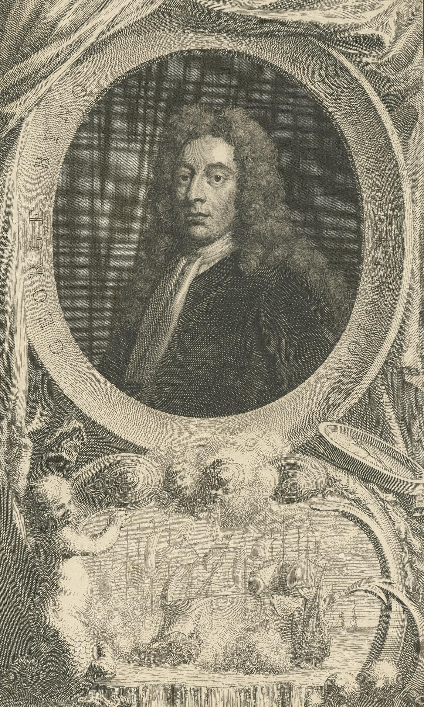 Antique print titled 'George Byng, Lord Torrington'. Portrait of George Byng, Lord Tottington, in oval surround with battle scene below. In the collection of the Right Hon The Lord Viscount Torrington. Painted by Kneller, engraved by Houbraken,