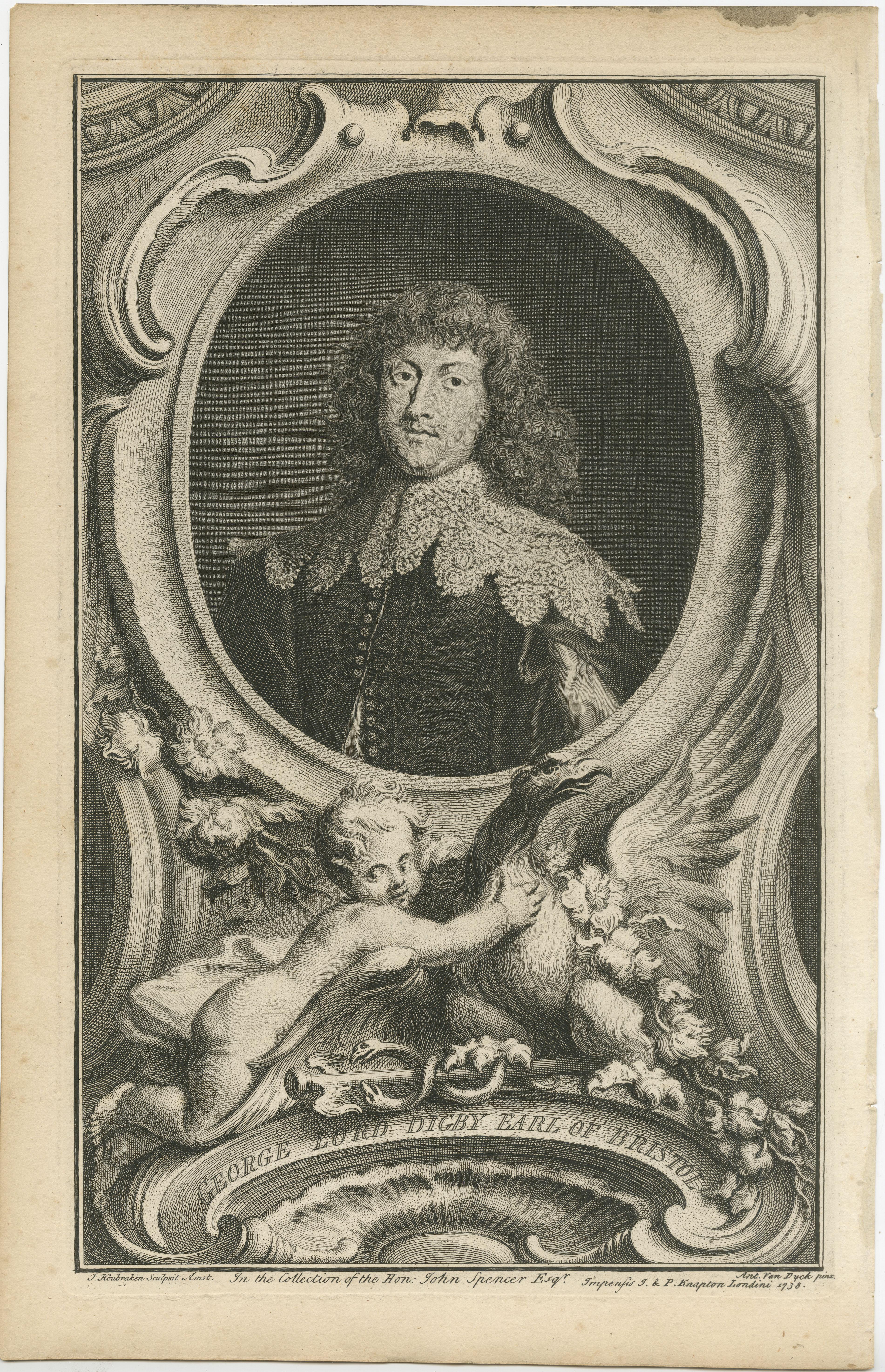 Antique portrait titled 'George Lord Digby Earl of Bristol'. George Digby, 2nd Earl of Bristol, KG (bapt. 5 November 1612 – 20 March 1677) was an English politician who as Lord Digby (a courtesy title) sat in the House of Commons from 1640 until