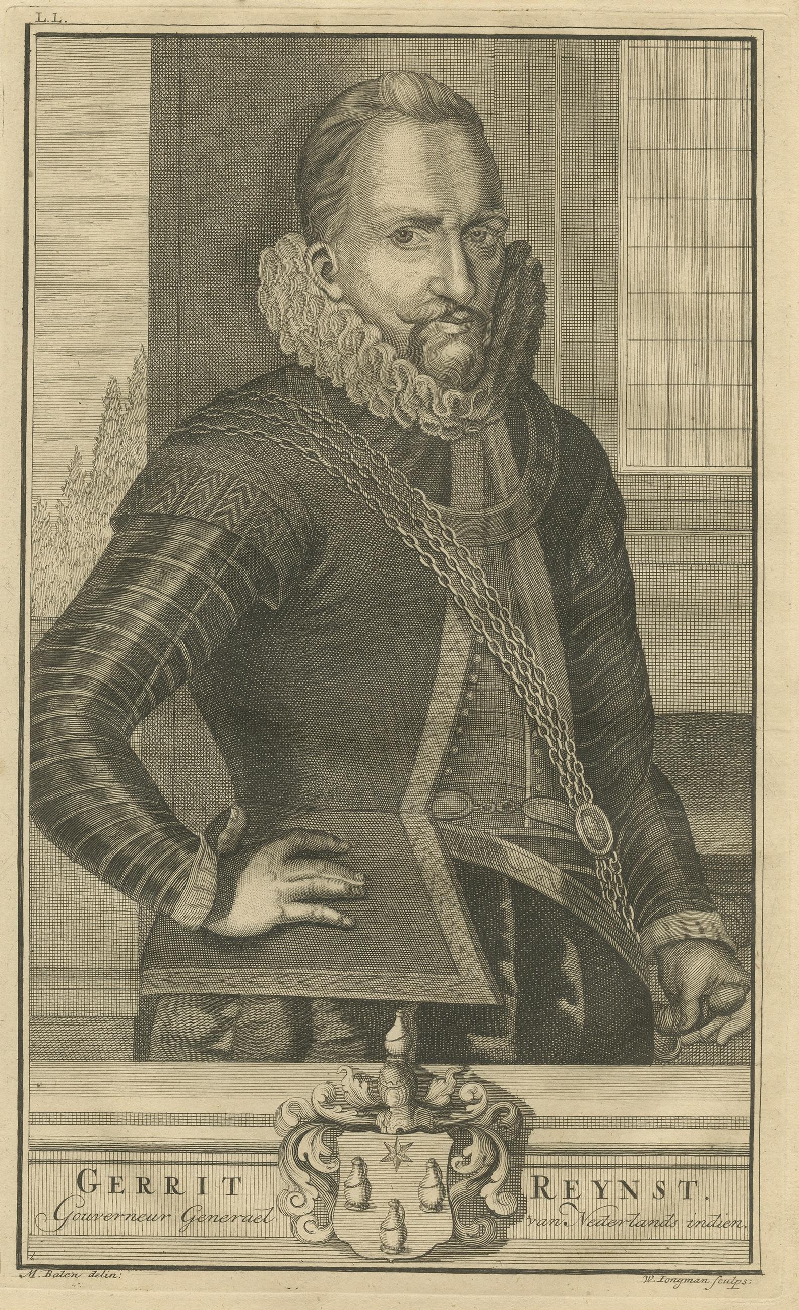 Antique portrait titled 'Gerrit Reynst, Gouverneur Generael van Nederlands Indien'. Old portrait of Gerrit Reynst, Governor-General of the Dutch East Indies. This print originates from 'Oud en Nieuw Oost-Indiën' by F. Valentijn.