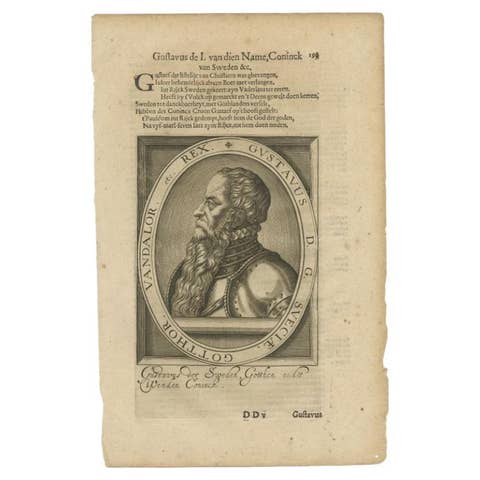 Antique Portrait of Gustav of Sweden by Janszoon, 1615