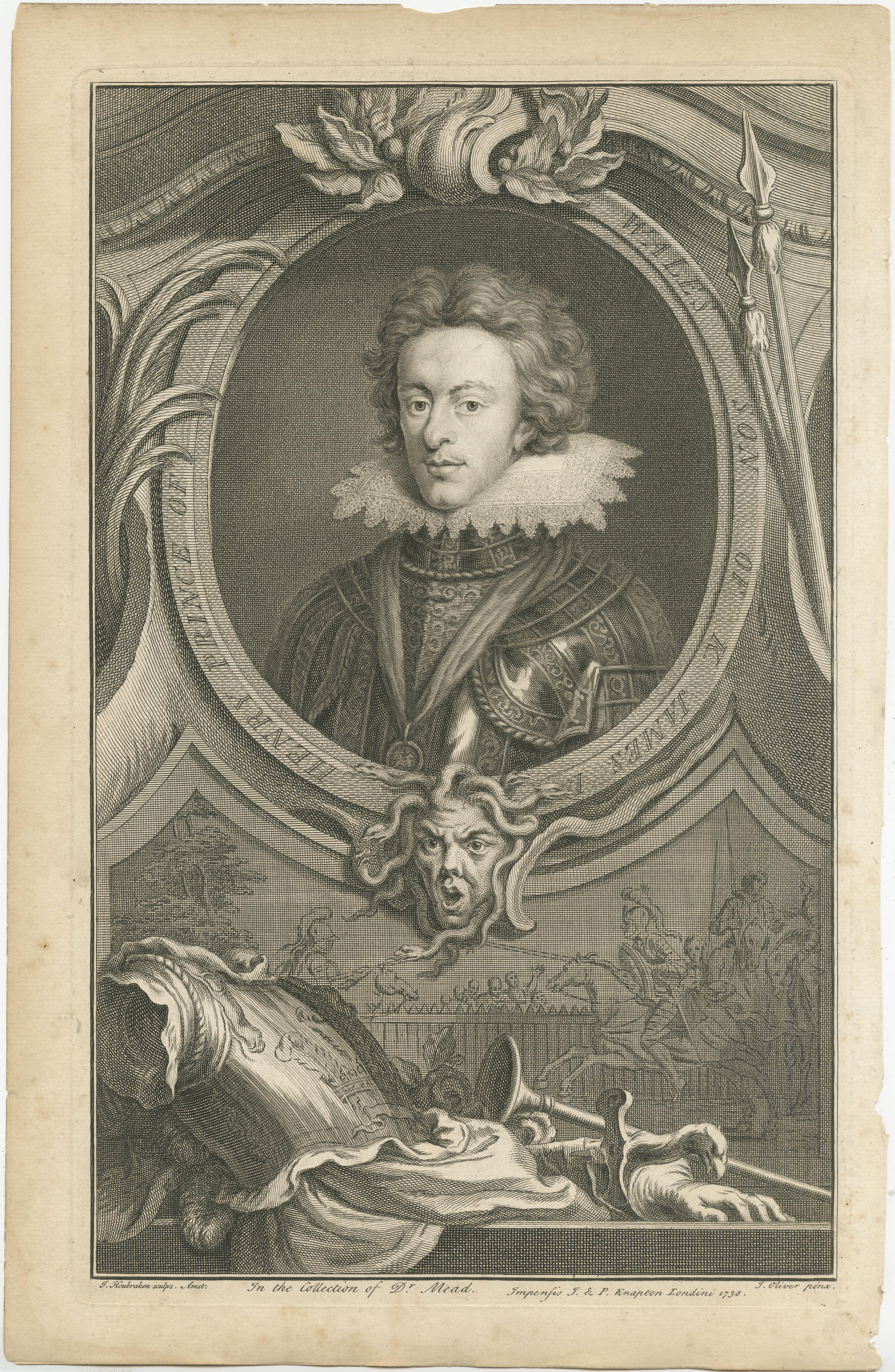 Antique portrait titled 'Henry Prince of Wales Son of K. James I'. Henry Frederick, Prince of Wales KG (19 February 1594 – 6 November 1612), was the eldest son and heir apparent of James VI and I, King of England and Scotland; and his wife Anne of