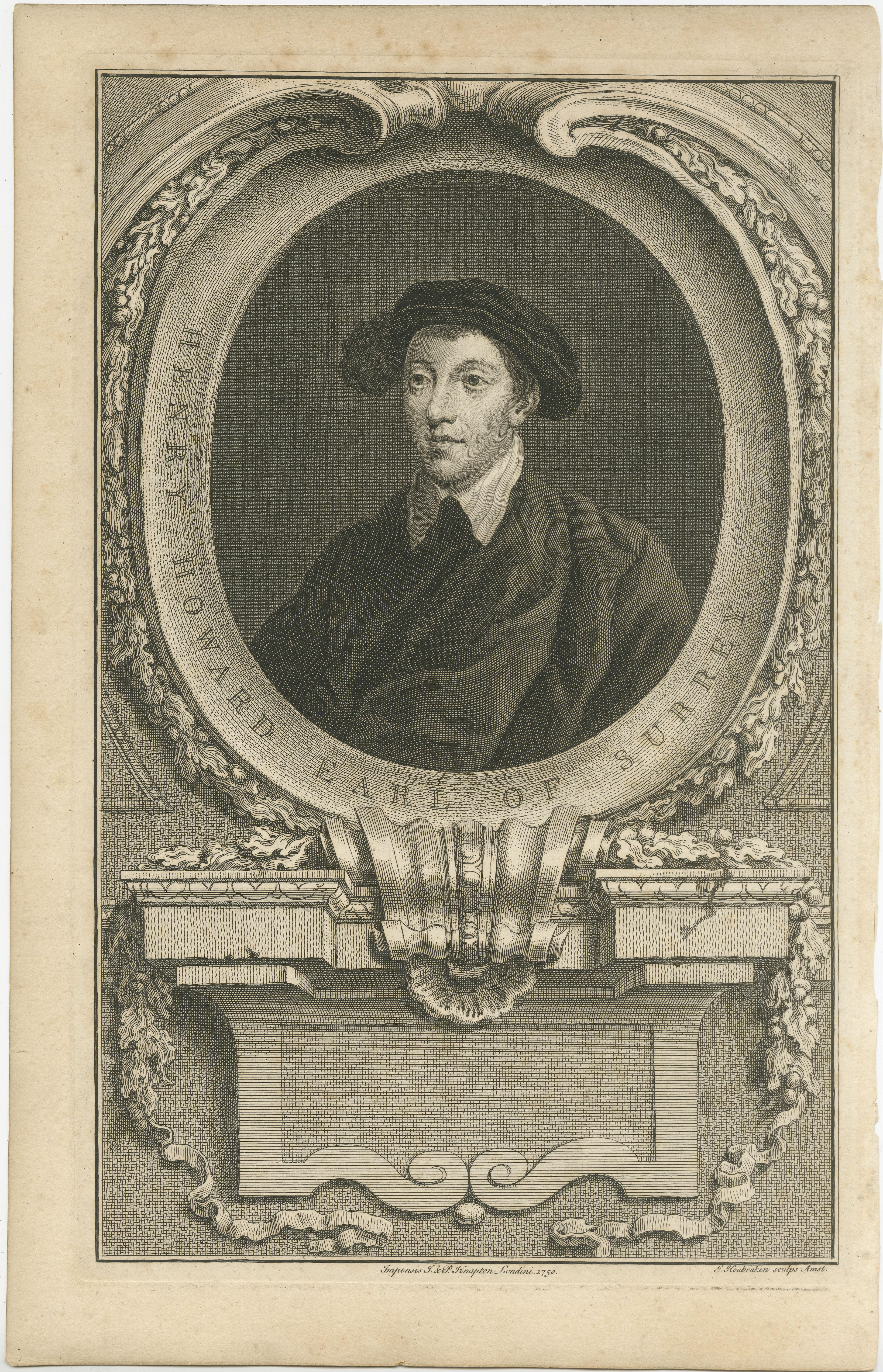 Antique portrait titled 'Henry Howard Earl of Surrey'. Henry Howard, Earl of Surrey (1516/1517 – 19 January 1547), KG, was an English nobleman, politician and poet. He was one of the founders of English Renaissance poetry and was the last known