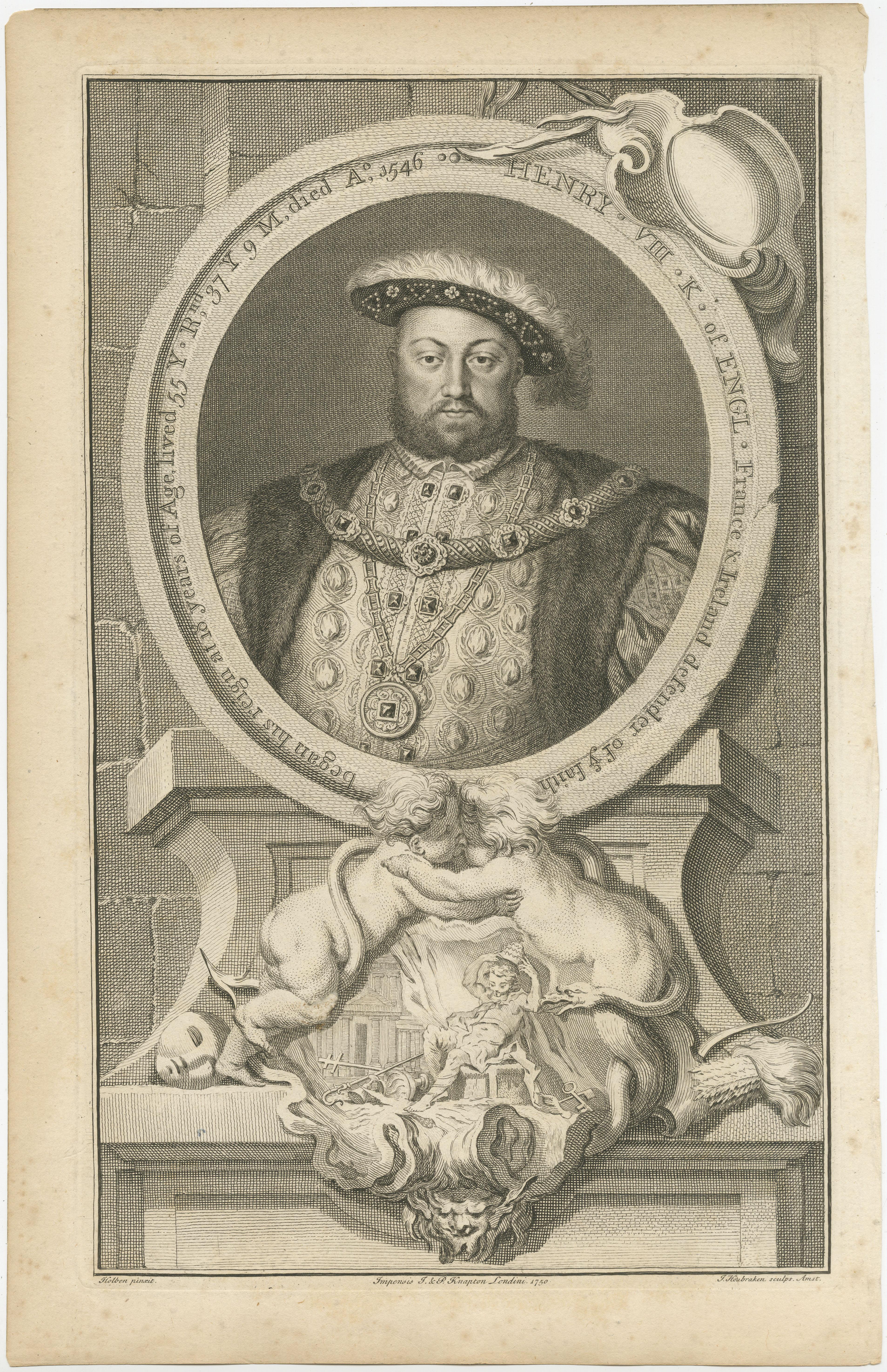 Antique portrait titled 'Henry VIII K of Engl (..)'. Old print of Henry VIII. Henry VIII (28 June 1491 – 28 January 1547) was King of England from 22 April 1509 until his death in 1547. Henry is best known for his six marriages, and for his efforts