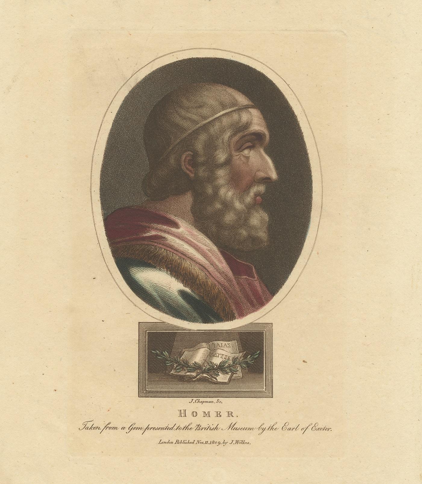 Antique print titled 'Homer'. Portrait of Homer; in profile, to the right; bearded, wearing head band, in oval frame; in rectangular frame below two laurel leaves over two open books. One of a number of stipple heads of Kings and Queens published by