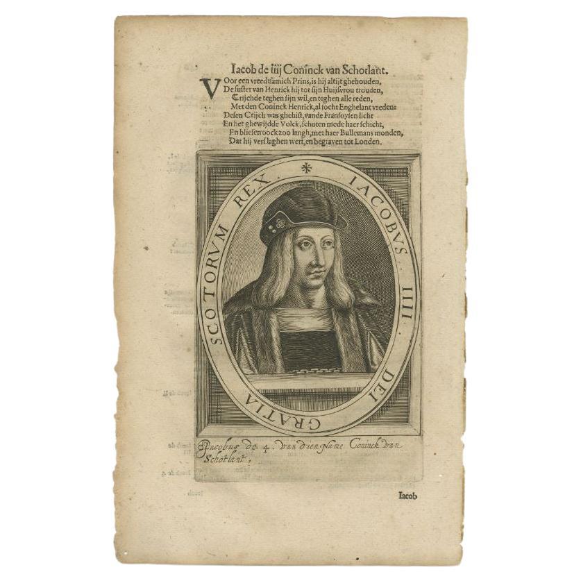 Antique portrait titled 'Iacobus IIII dei Gratia Scotorum Rex'. Portrait of James IV of Scotland. This print originates from 'Tooneel der keyseren ende coningen van christenryck sedert den onderganck van het Griecks keyserdom vervatende hare
