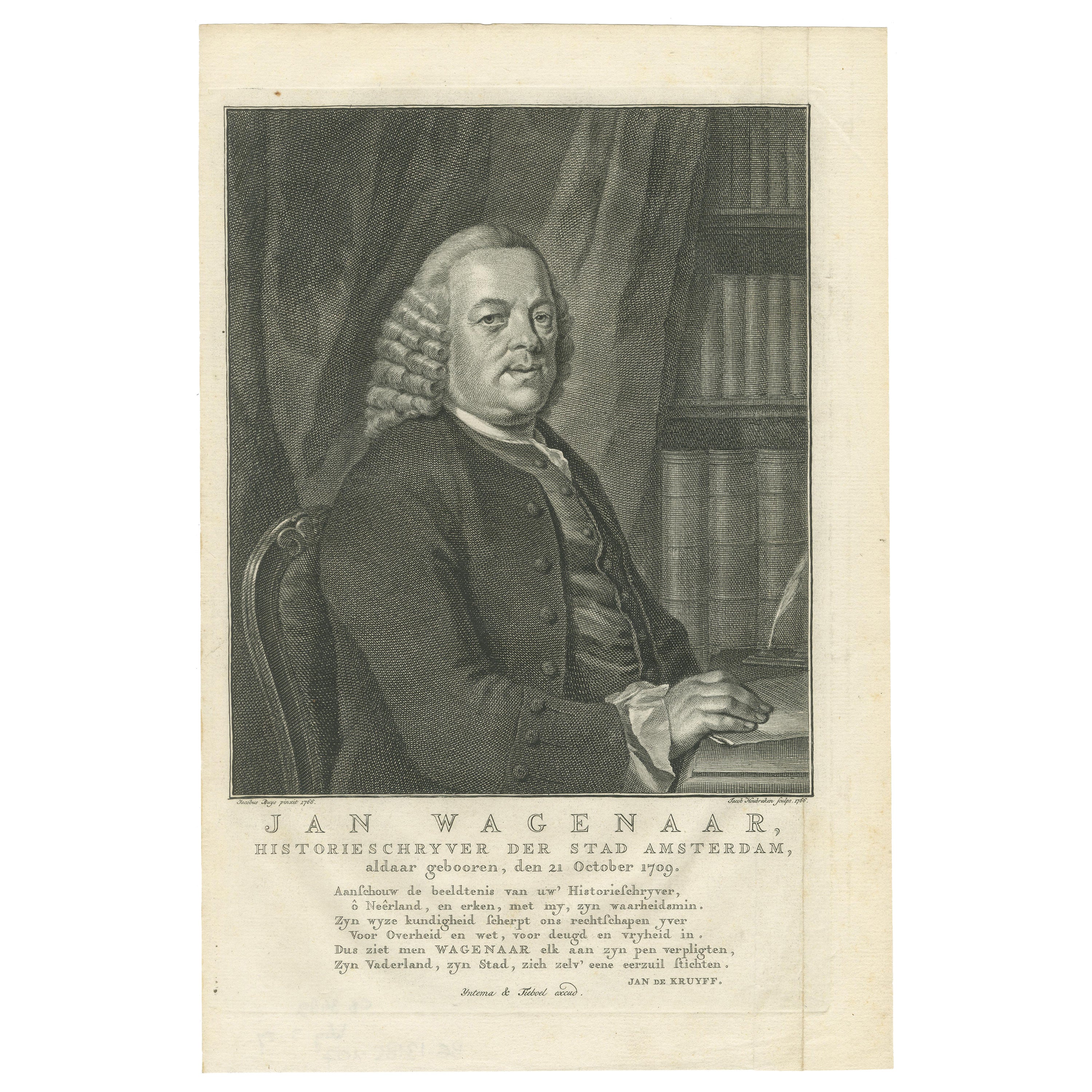 Antique Portrait of Jan Wagenaar – Dutch Historian of Amsterdam, Dated 1766