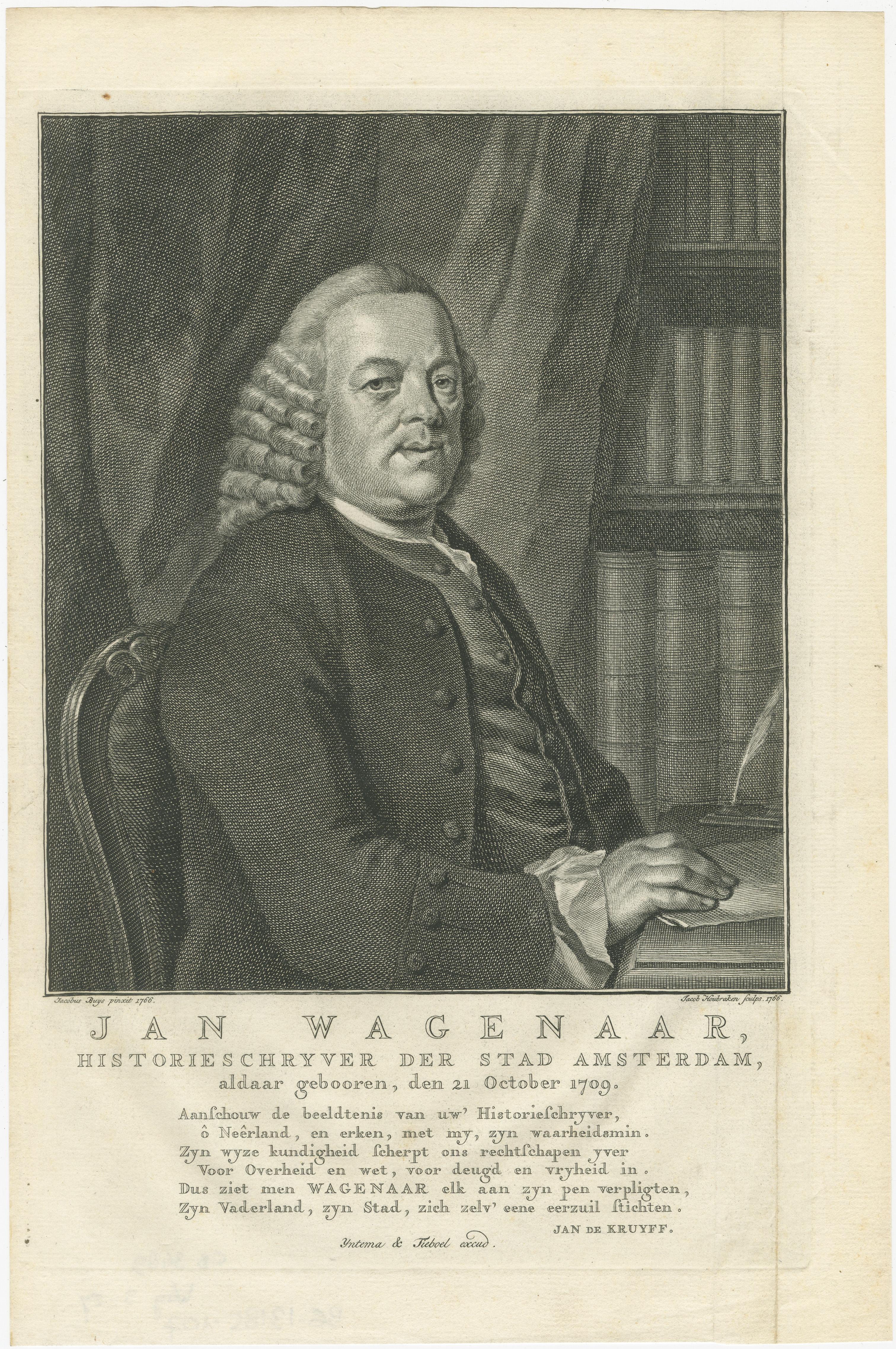 Portrait ancien de Jan Wagenaar - Historien néerlandais d'Amsterdam, daté de 1766 en vente