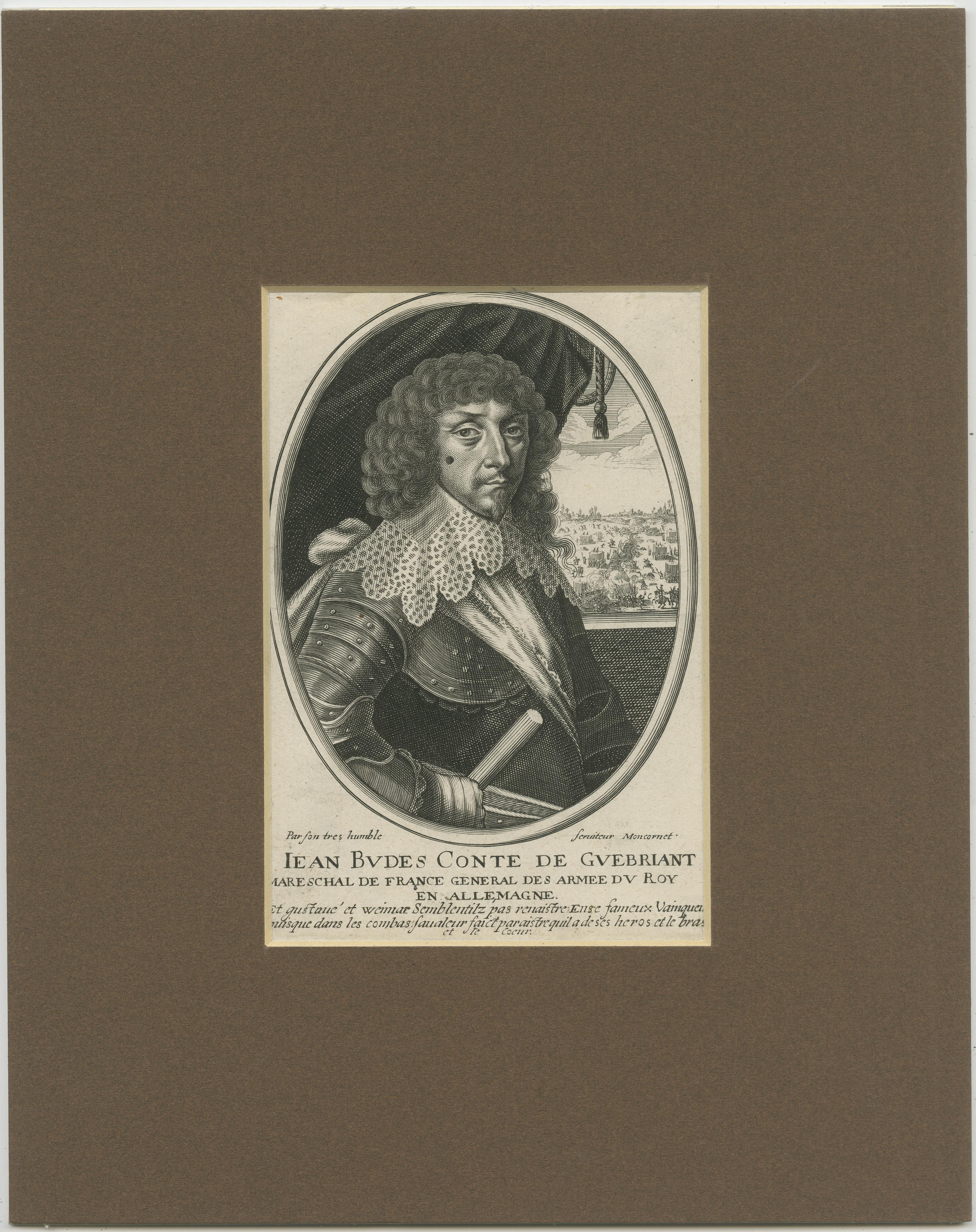Antique print titled 'Jean Budes Conte de Guebriant (..)'. Portrait of Jean Baptiste Budes, Comte de Guébriant, half-length directed to right and looking to front, with shoulder-length curled hair, broad collar edged with lace, armour and sash; a