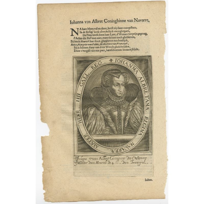 Antique portrait titled 'Iohanna Albretanae Regina (..)'. Portrait of Joan of Navarre. This print originates from 'Tooneel der keyseren ende coningen van christenryck sedert den onderganck van het Griecks keyserdom vervatende hare beeltnissen