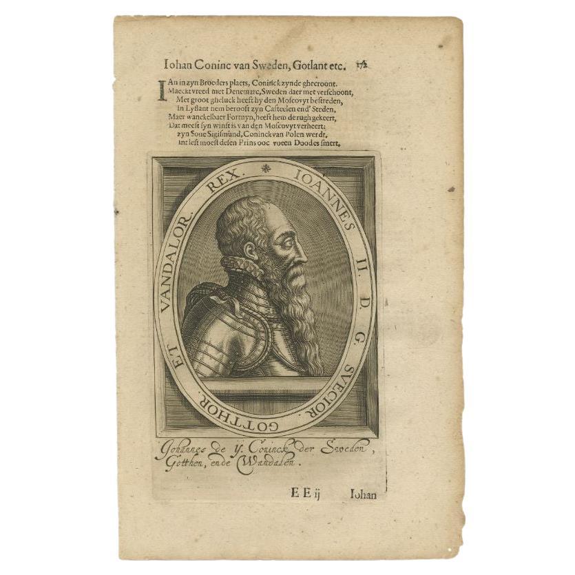 Antique portrait titled 'Ioannes II (..)'. Portrait of Johan II of Sweden. This print originates from 'Tooneel der keyseren ende coningen van christenryck sedert den onderganck van het Griecks keyserdom vervatende hare beeltnissen afcomsten ende