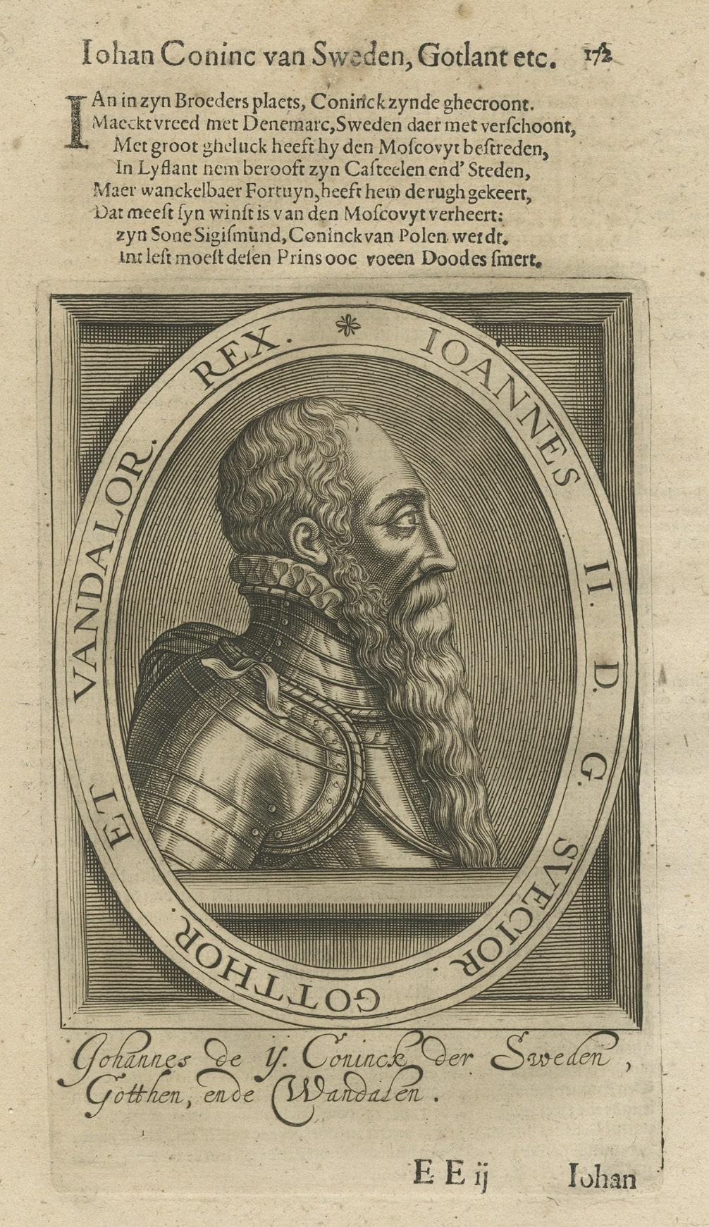 Antique Portrait of Johan II, King of Sweden by Janszoon, 1615 For Sale