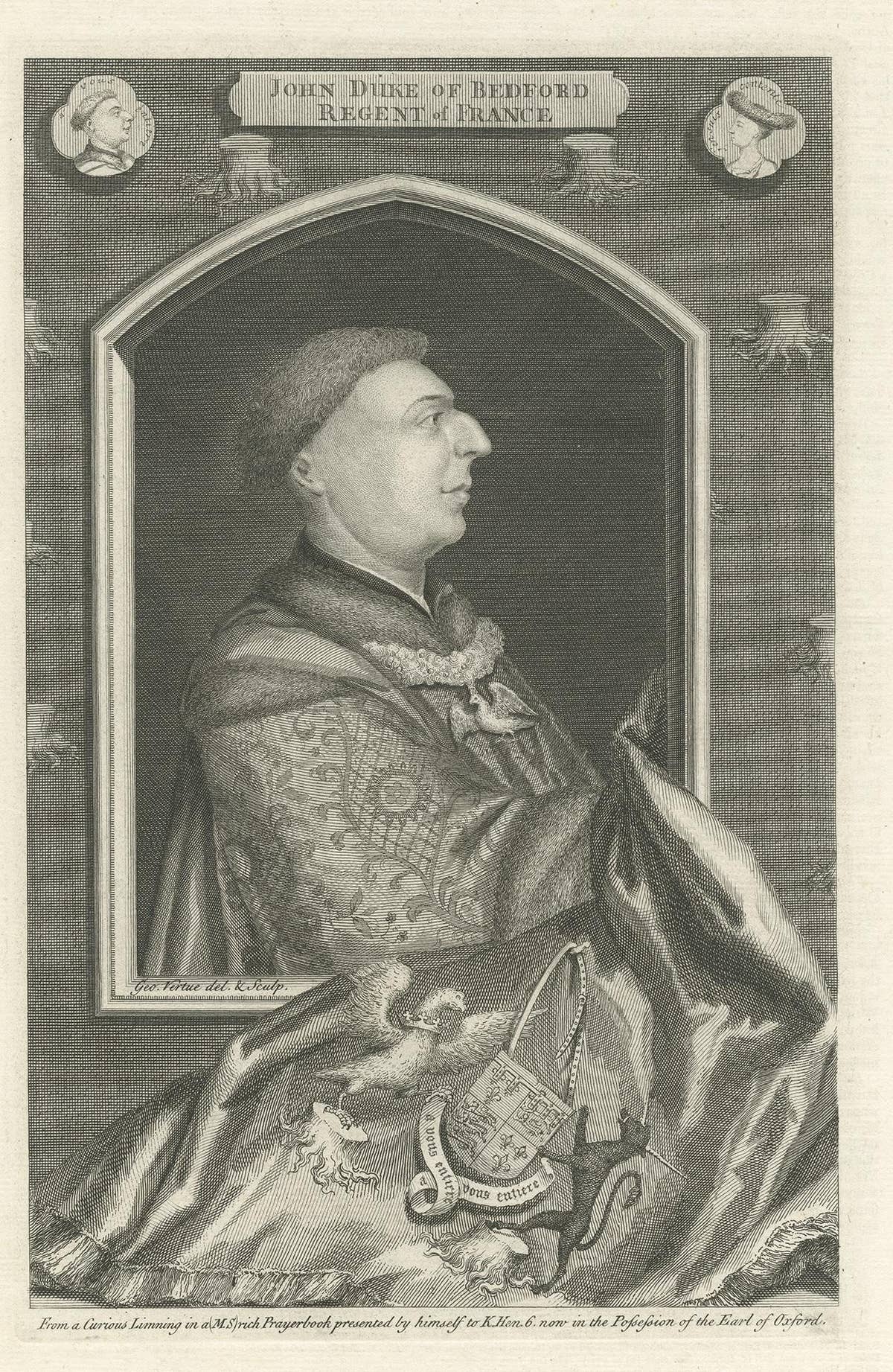 Antique Portrait of John Duke of Bedford by Vertue, circa 1750