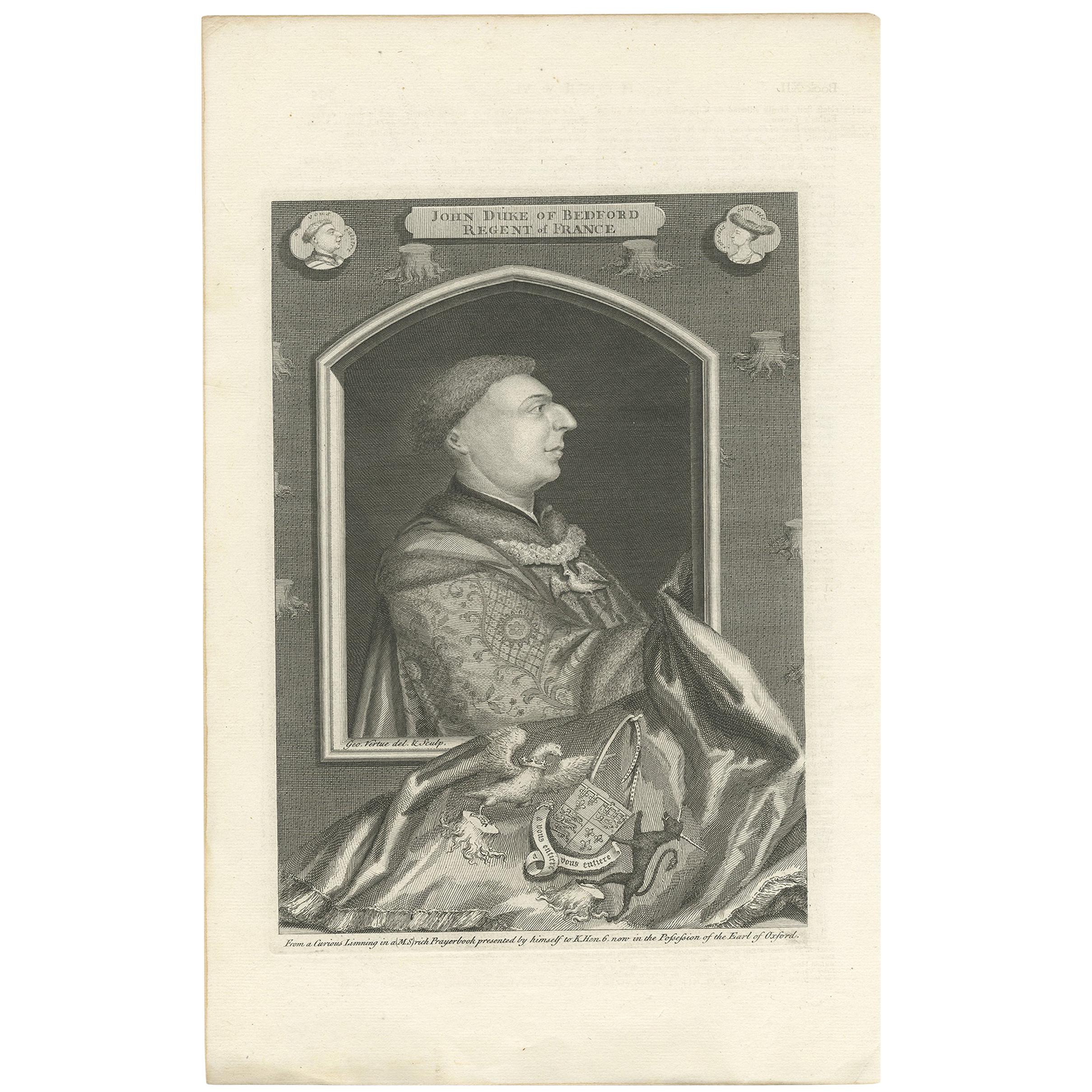 Antique Portrait of John Duke of Bedford by Vertue, circa 1750 For Sale