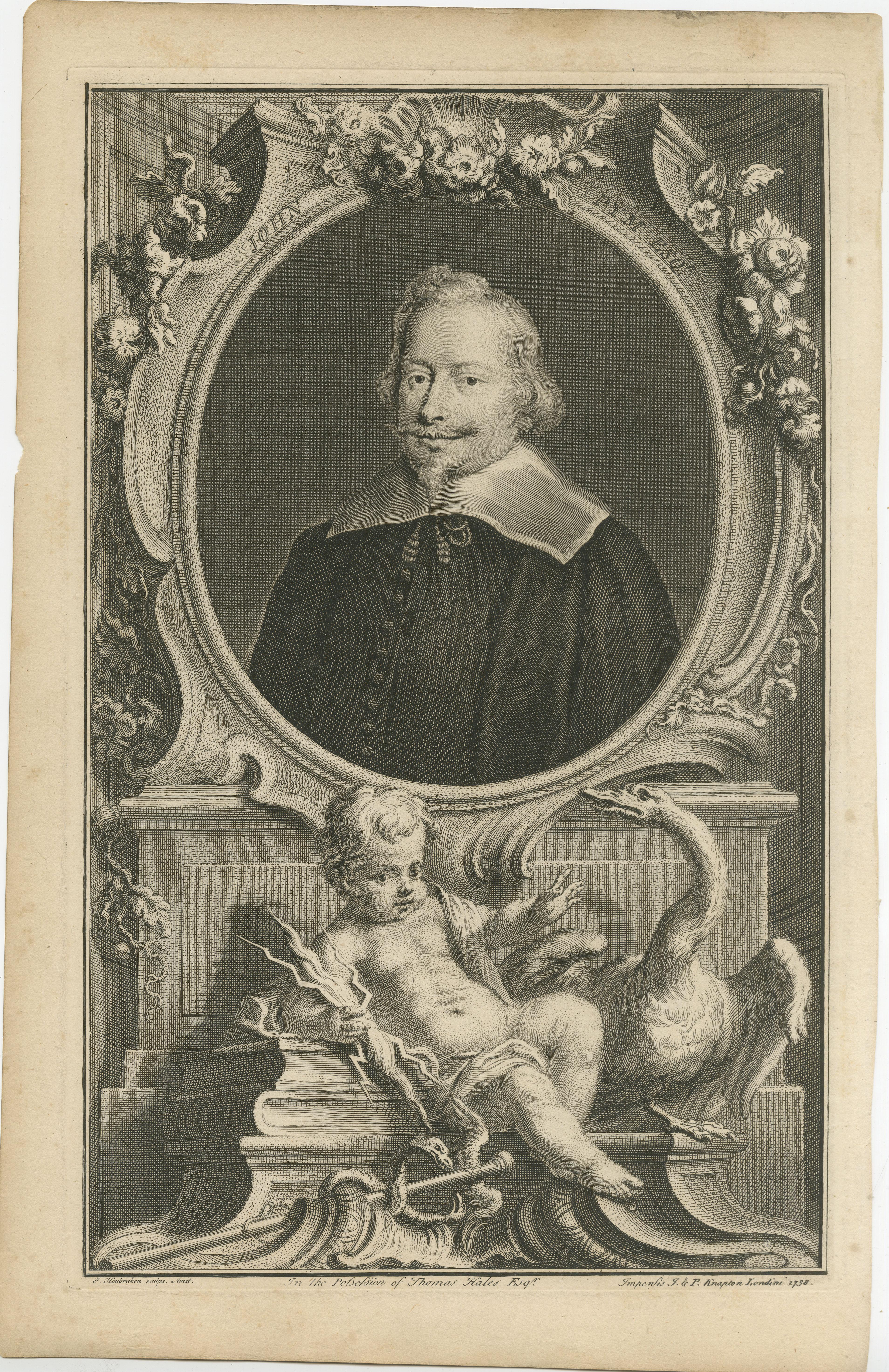 Antique portrait titled 'John Pym Esqr.'. Old print of John Pym, an English politician, who helped establish the foundations of Parliamentary democracy. One of the Five Members whose attempted arrest in January 1642 sparked the First English Civil