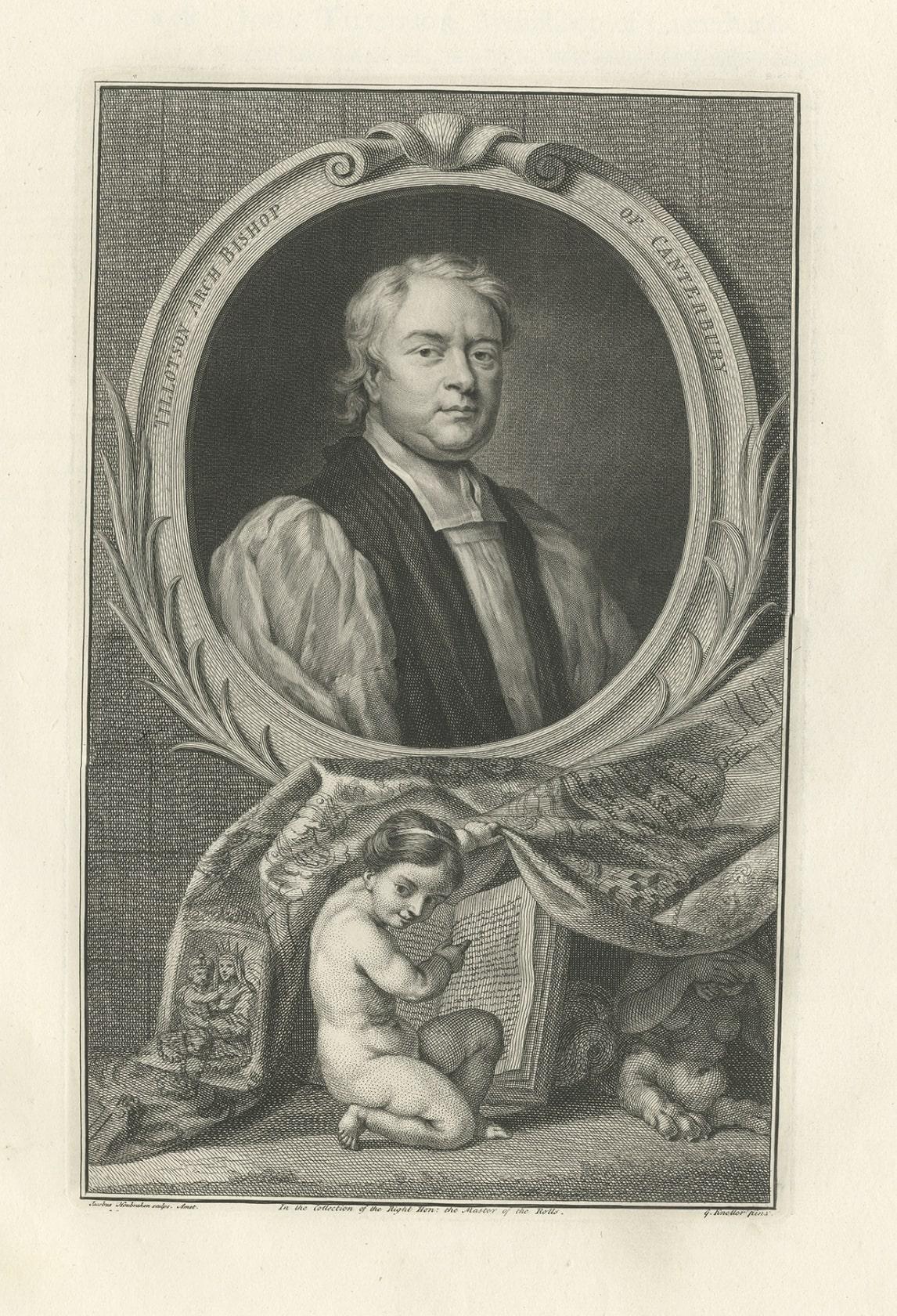 Paper Antique Portrait of John Tillotson, the Anglican Archbishop of Canterbury For Sale
