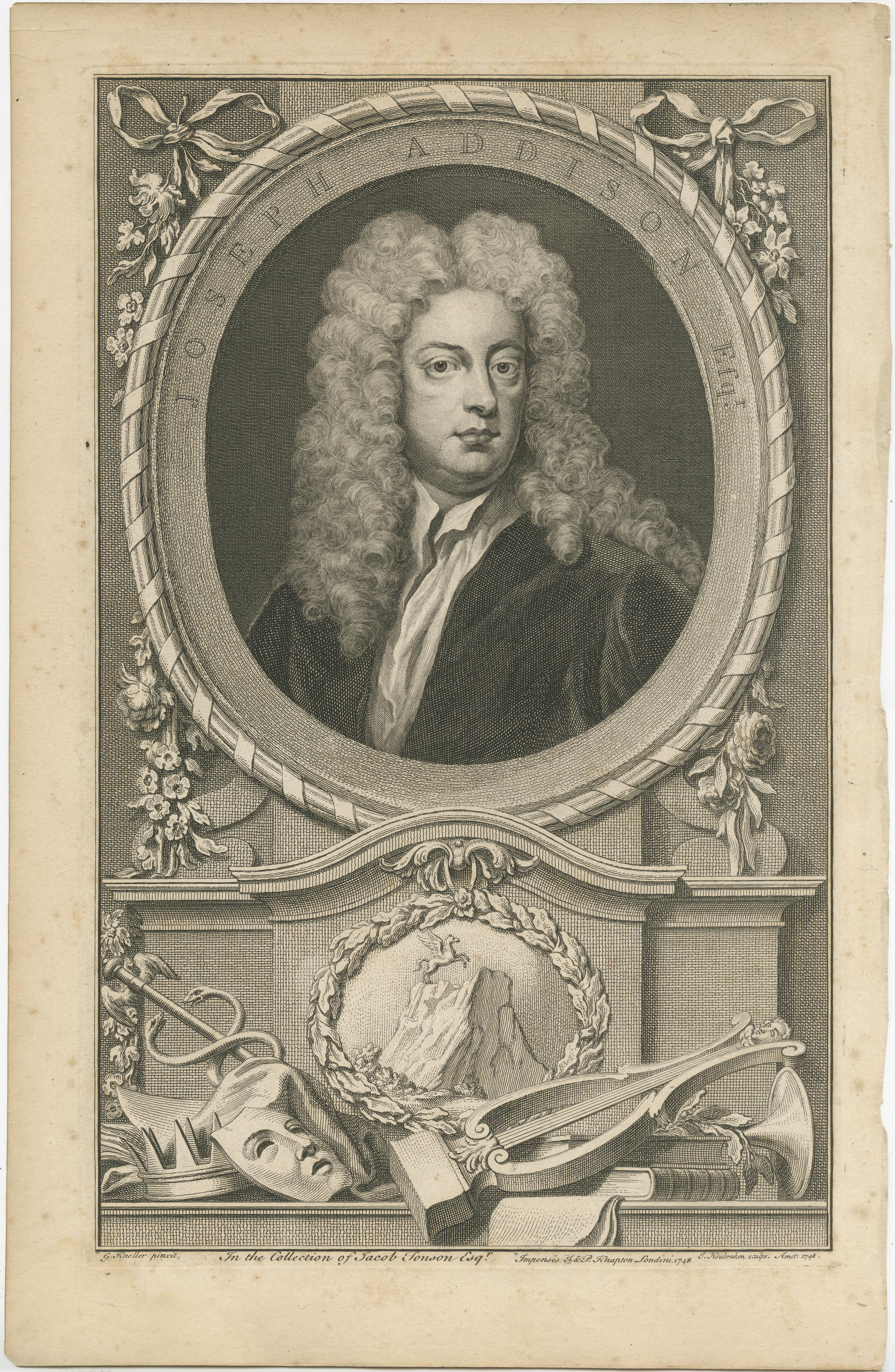 Antique portrait titled 'Joseph Addison Esqr.'. Old print of Joseph Addison, English essayist, poet, playwright and politician. It depicts a bust portrait of Addison in an ornamental oval. He is turned to his right, but he is looking directly at the