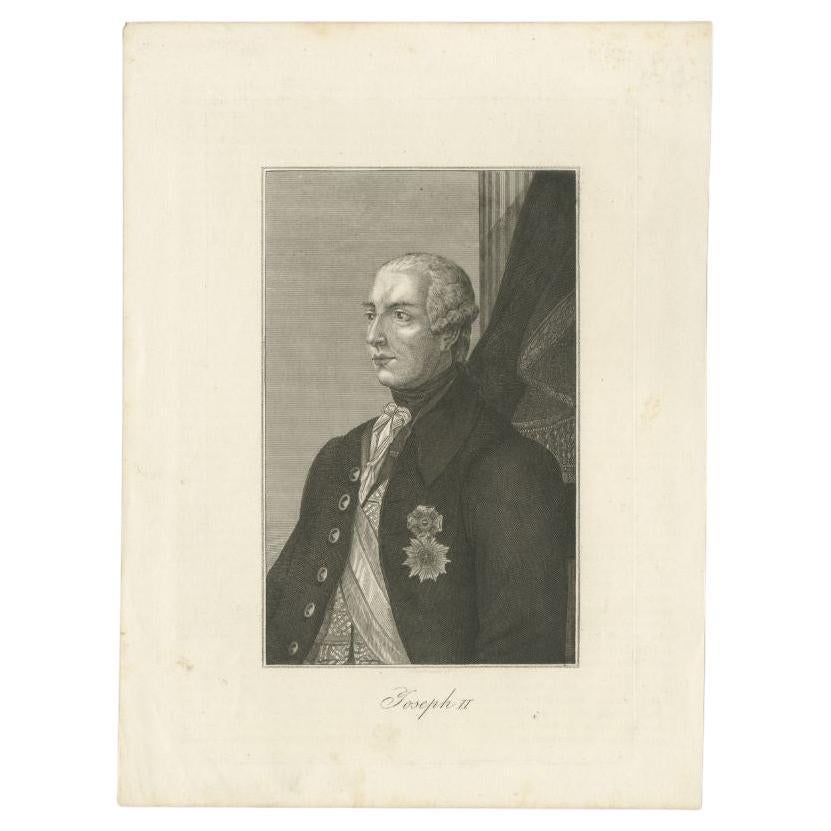 Antique print titled 'Joseph II'. Original antique portrait of Joseph II, Holy Roman emperor. Source unknown, to be determined. Published circa 1880. 

Artists and Engravers: Anonymous.

Condition: Good, general age-related toning. Minor wear, blank