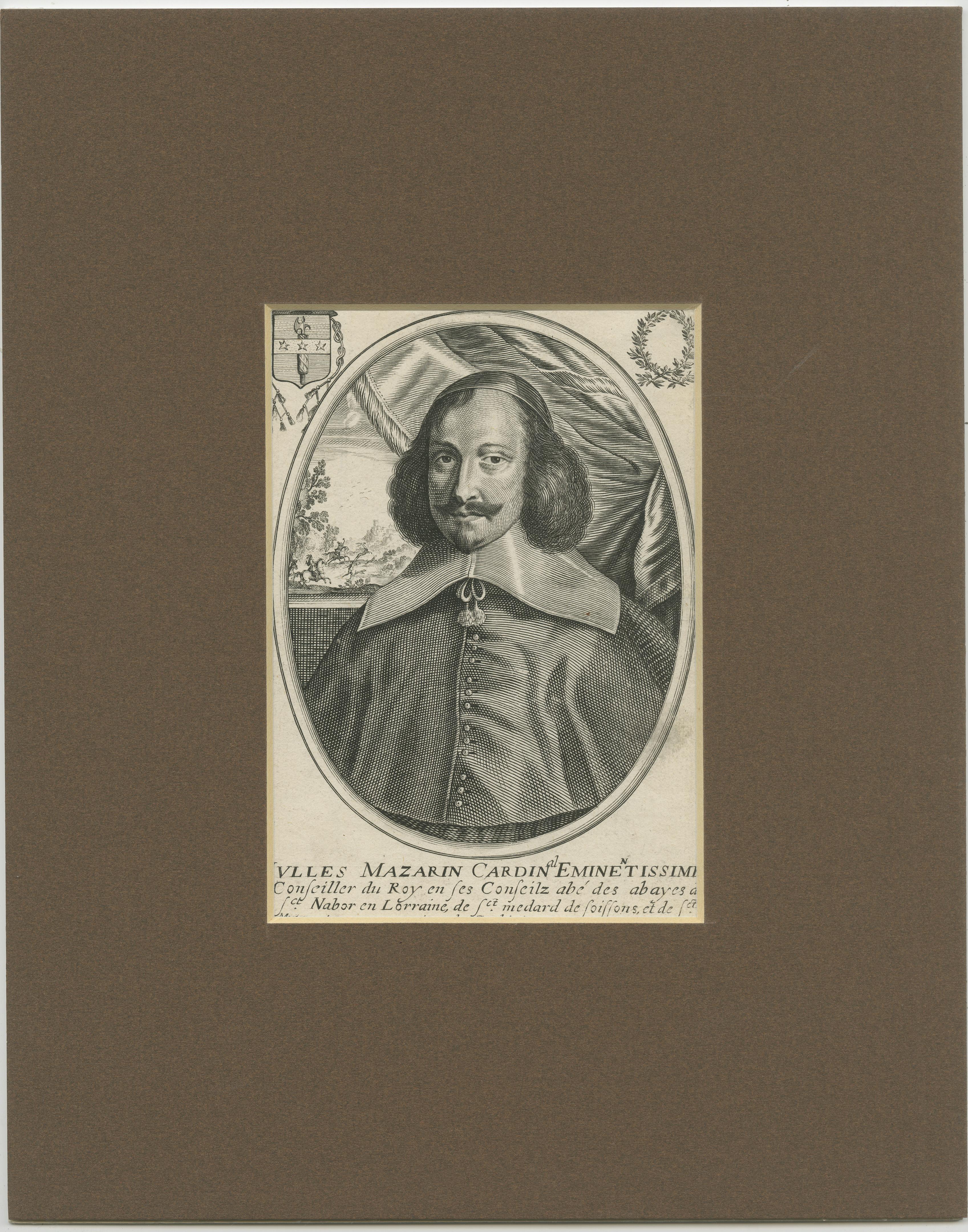 Antique print titled 'Iulles Mazarin Cardinal (..)'. Portrait of Jules Cardinal Mazarin, half-length directed to left looking to front, in oval. With coat of arms in the upper left corner and wreath in the upper right.

Published by Balthasar