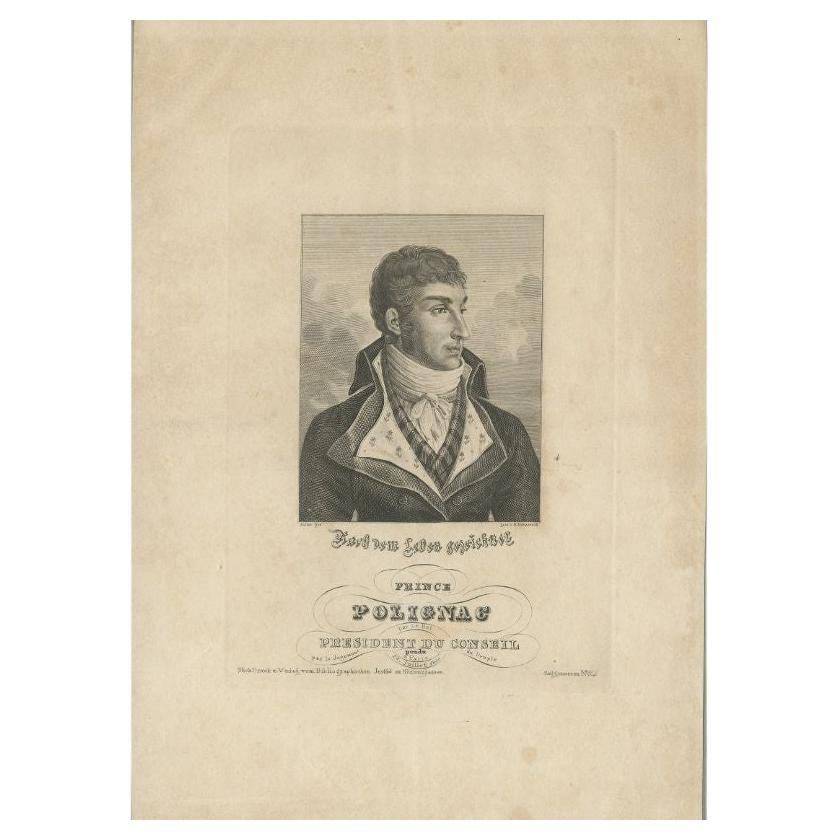 Antique print titled 'Prince Polignac'. Portrait of Jules de Polignac. Source unknown, to be determined.

Artists and Engravers: Engraved by G. Metzeroth.

Condition: Good, general age-related toning. Minor wear, blank verso. Partly mounted to