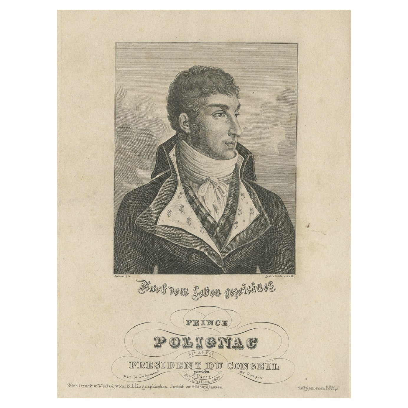 Ritratto antico di Jules de Polignac, famoso politico francese, 1830 ca.