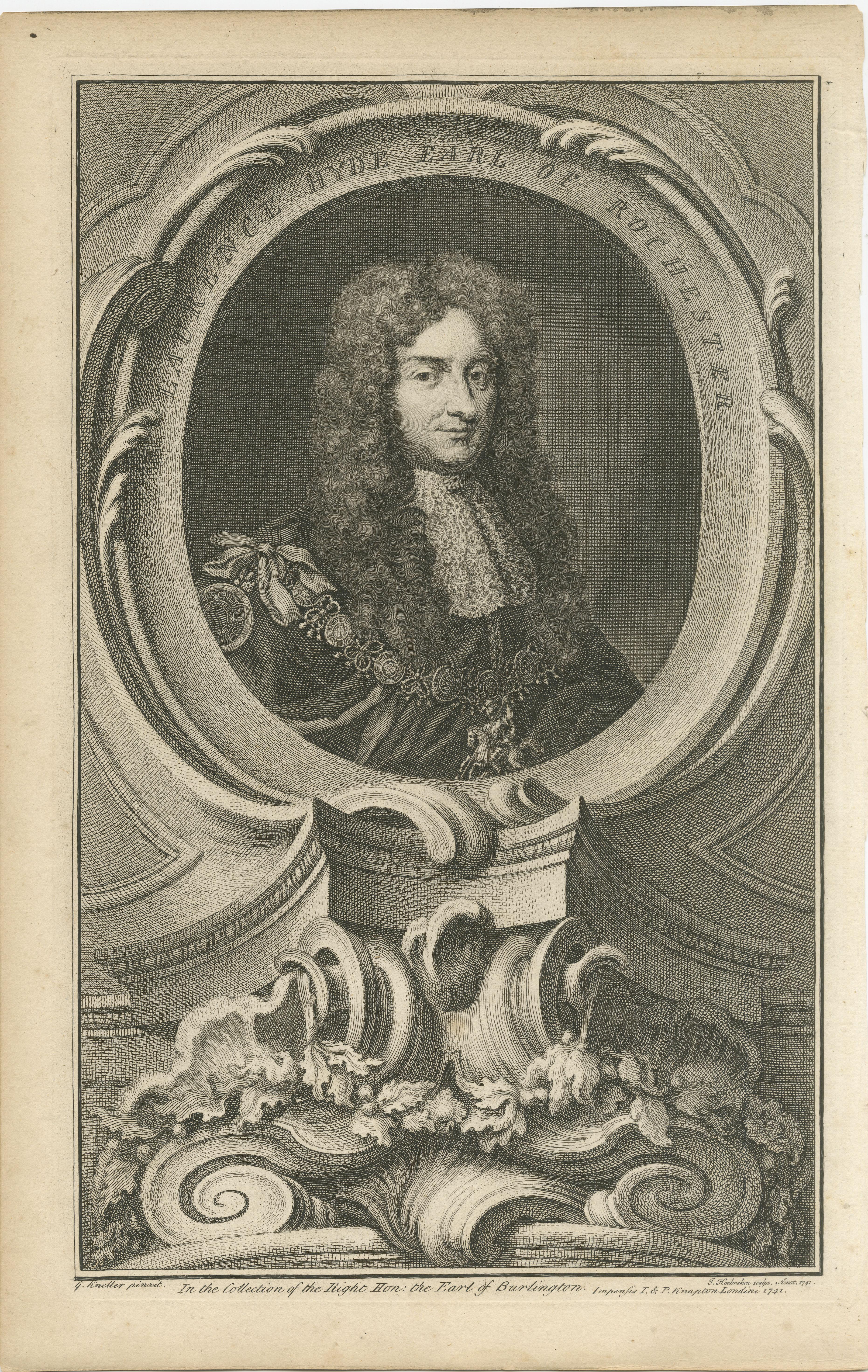 Antique engraving titled 'Laurence Hyde Earl of Rochester'. Laurence Hyde, 1st Earl of Rochester, KG, PC (March 1642 – 2 May 1711) was an English statesman and writer. He was originally a supporter of James II but later supported the Glorious