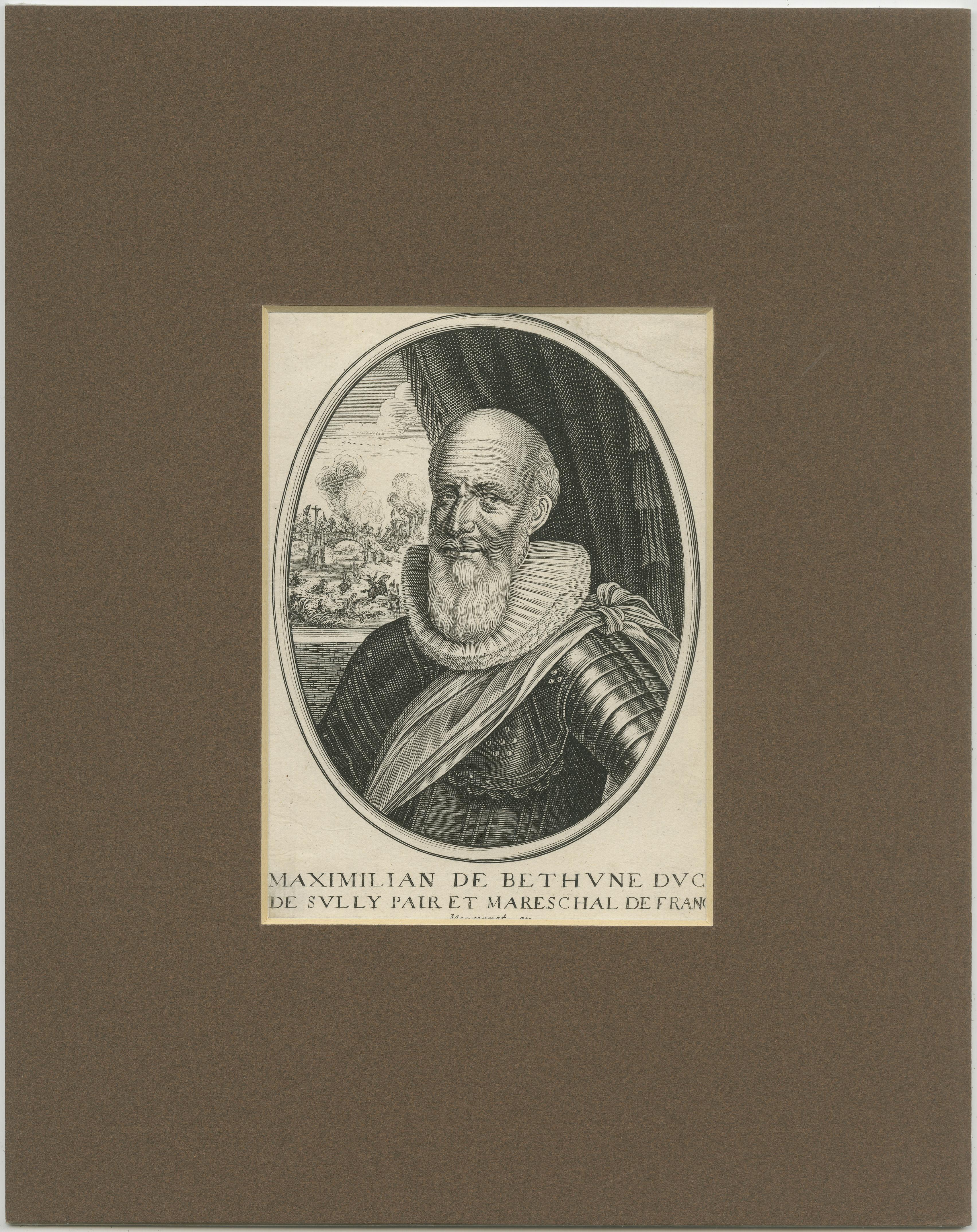 Estampe ancienne intitulée 'Maximilian de Bethune Duc (...)'. Portrait de Maximilien de Béthune, duc de Sully, en demi-longueur, tourné vers la gauche et regardant vers l'avant, avec collerette, armure et ceinture, et une bataille sur un pont à