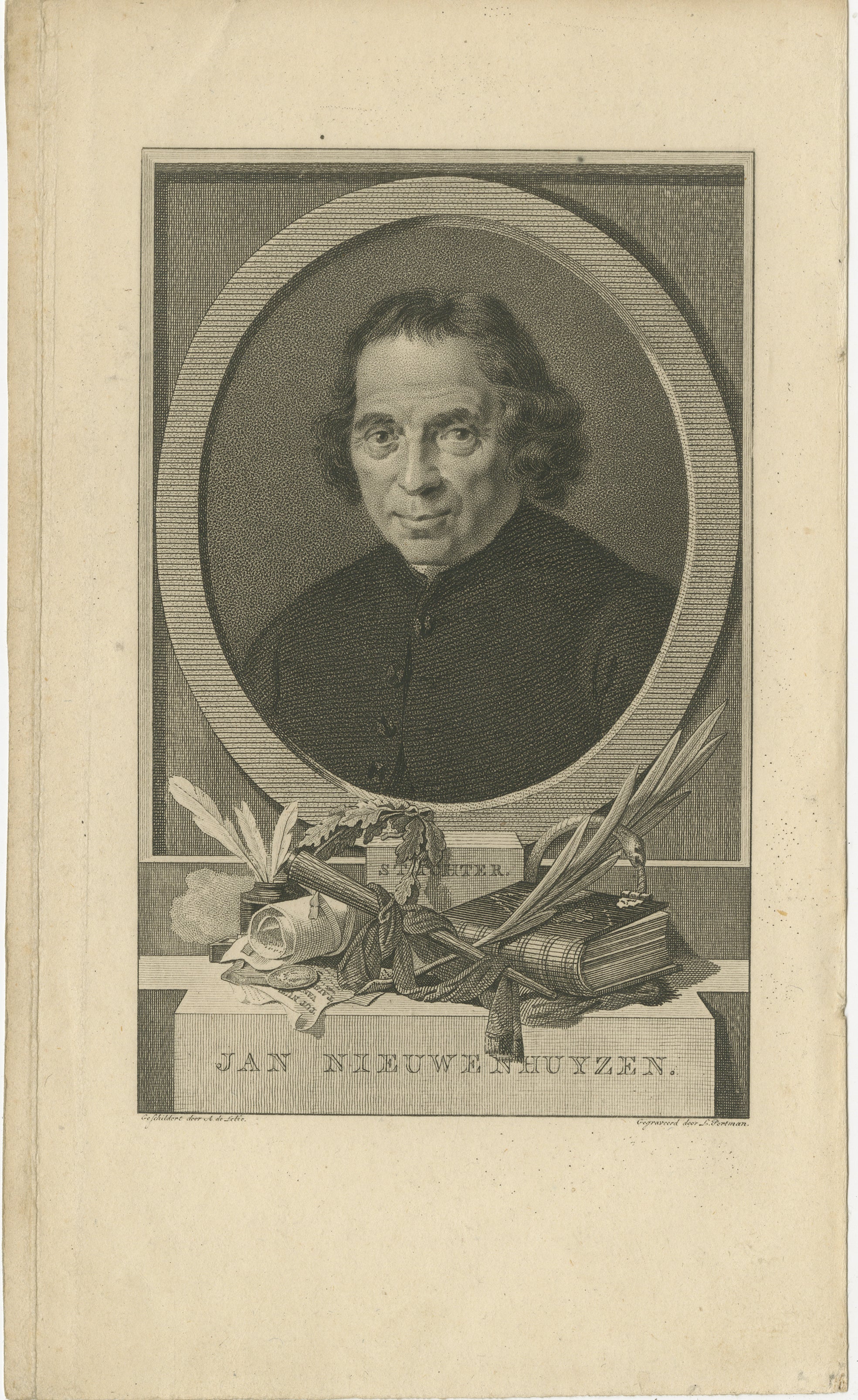 Portrait ancien Jan Nieuwenhuyzen - Gravure de Portman d'après de Lelie, c.I.C.

Cette gravure finement exécutée représente Jan Nieuwenhuyzen (1724-1806), pasteur mennonite néerlandais et réformateur influent dans les domaines de l'éducation et de