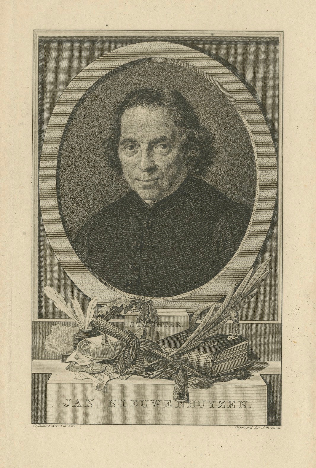 Portrait ancien du ministre mennonite Jan Nieuwenhuyzen - Gravure c.I.C. en vente