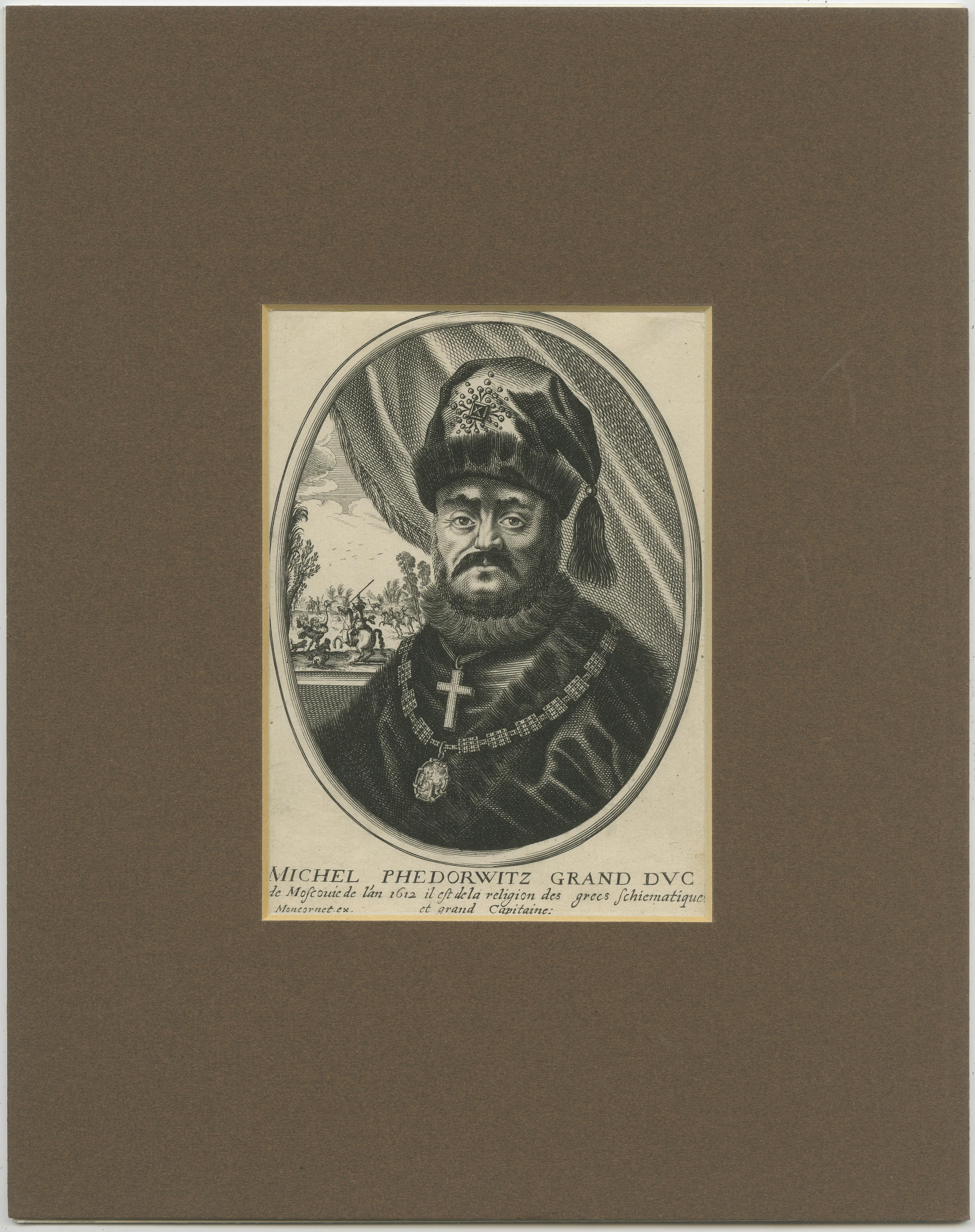 Gravure ancienne intitulée 'Michel Michele Grand Duc (...)'. Portrait de Michel de Russie (Mikhaïl Fiodorovitch Romanov), en buste dirigé vers la gauche ; dans l'ovale.

Publié par Balthasar Moncornet, vers 1660. Balthasar Moncornet (né en 1600 à
