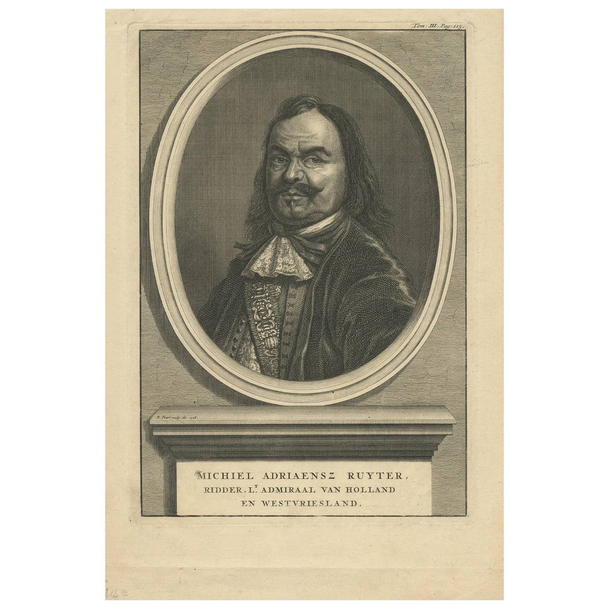 Antique Portrait of Michiel De Ruyter by B. Picart, 1728