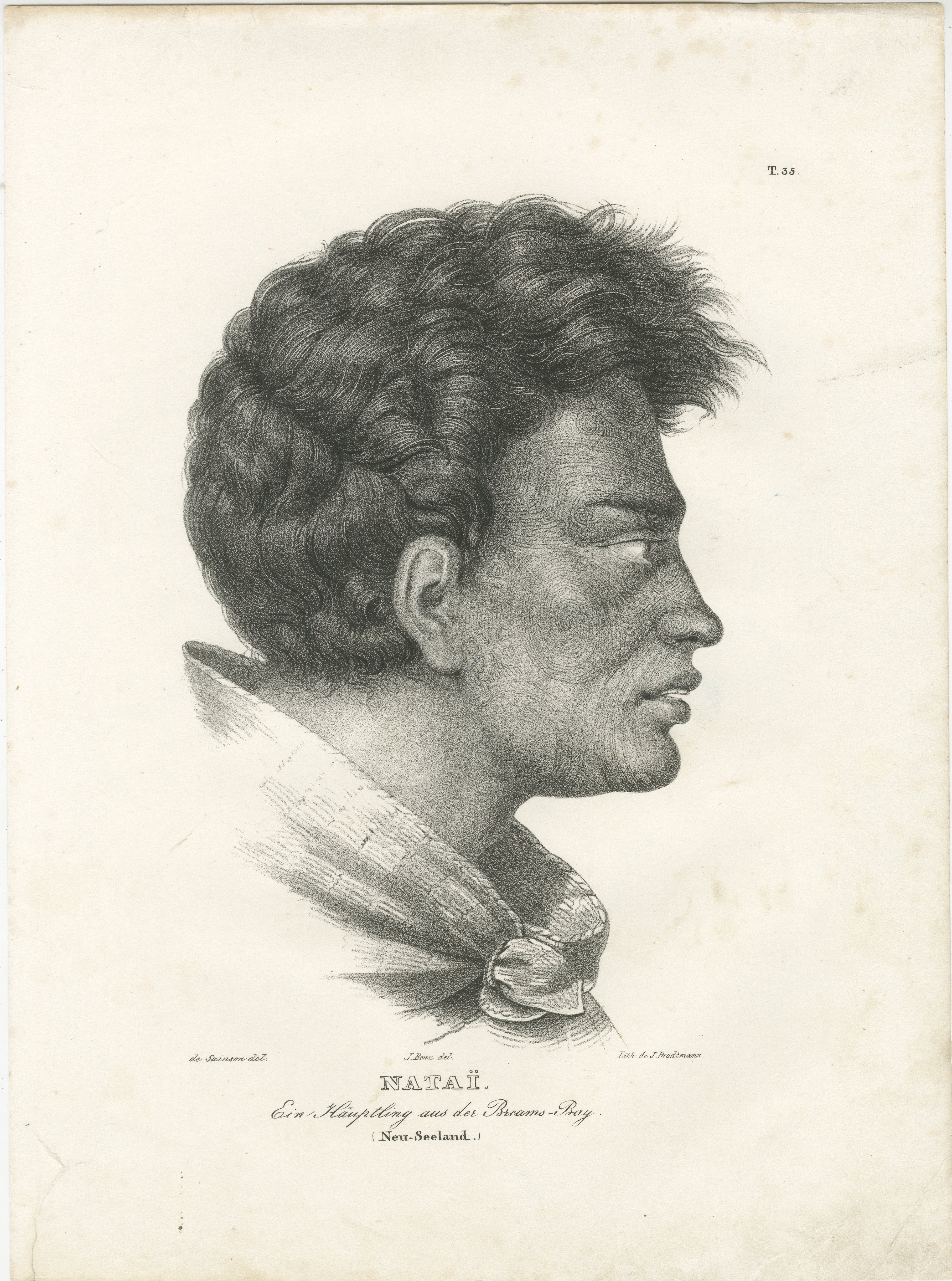 Title: Portrait of Natai, a Chief from the Bay of Islands, New Zealand  

Description: This striking lithograph, circa 1836, presents a detailed profile of Natai, a Maori chief from the Bay of Islands in New Zealand. The artist, Louis Auguste de