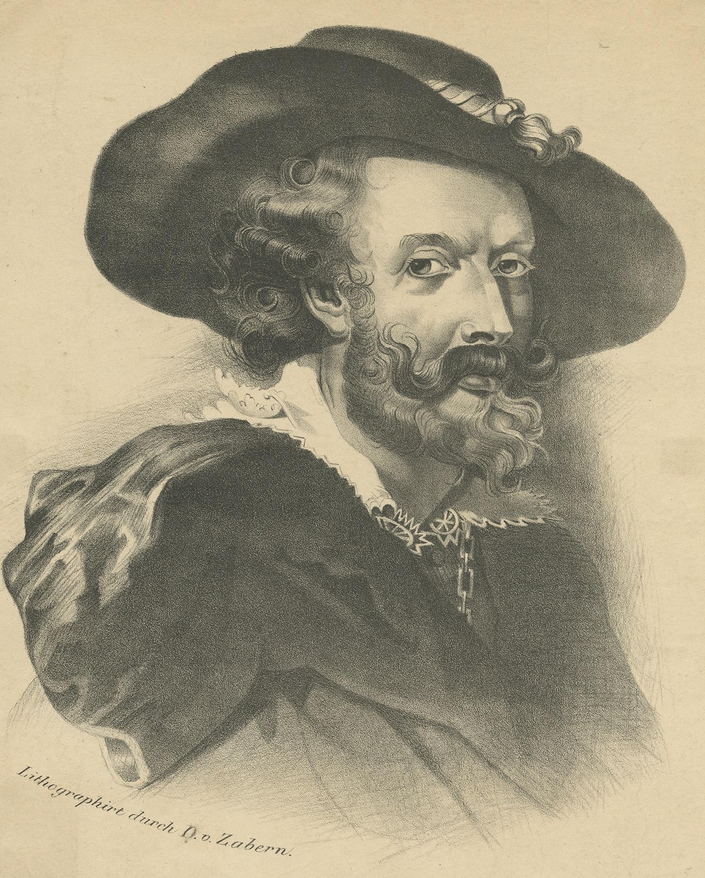 Antique print titled 'P.P. Rubens'. Sir Peter Paul Rubens was a Flemish artist. He is considered the most influential artist of Flemish Baroque tradition. Lithographed by David von Zabern.