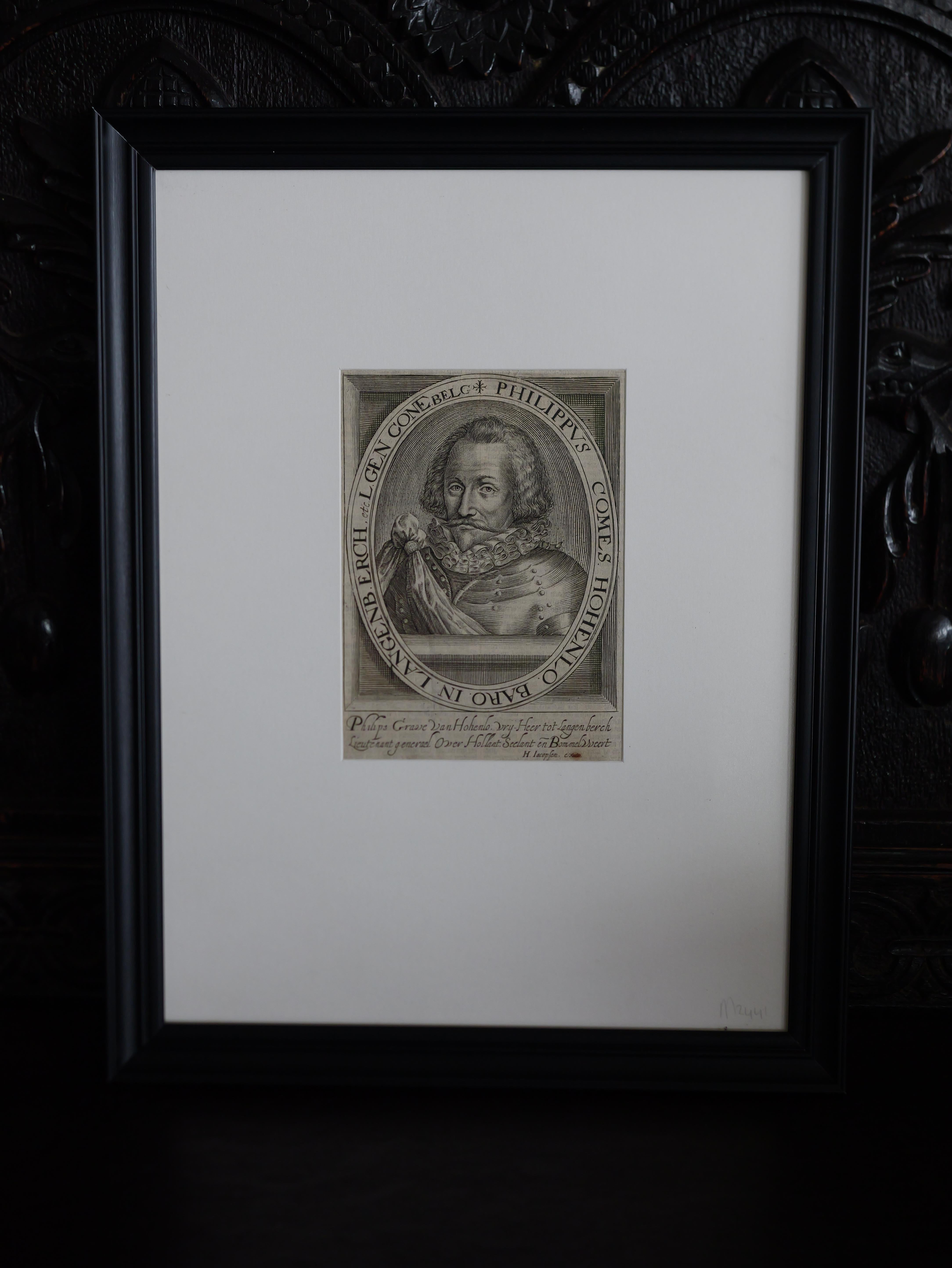 This antique portrait engraving of Philip of Hohenlohe-Neuenstein, created by the renowned engraver Emanuel van Meteren in 1618, is a remarkable piece of historical artwork. Van Meteren, known for his exceptional skill in capturing the likeness and