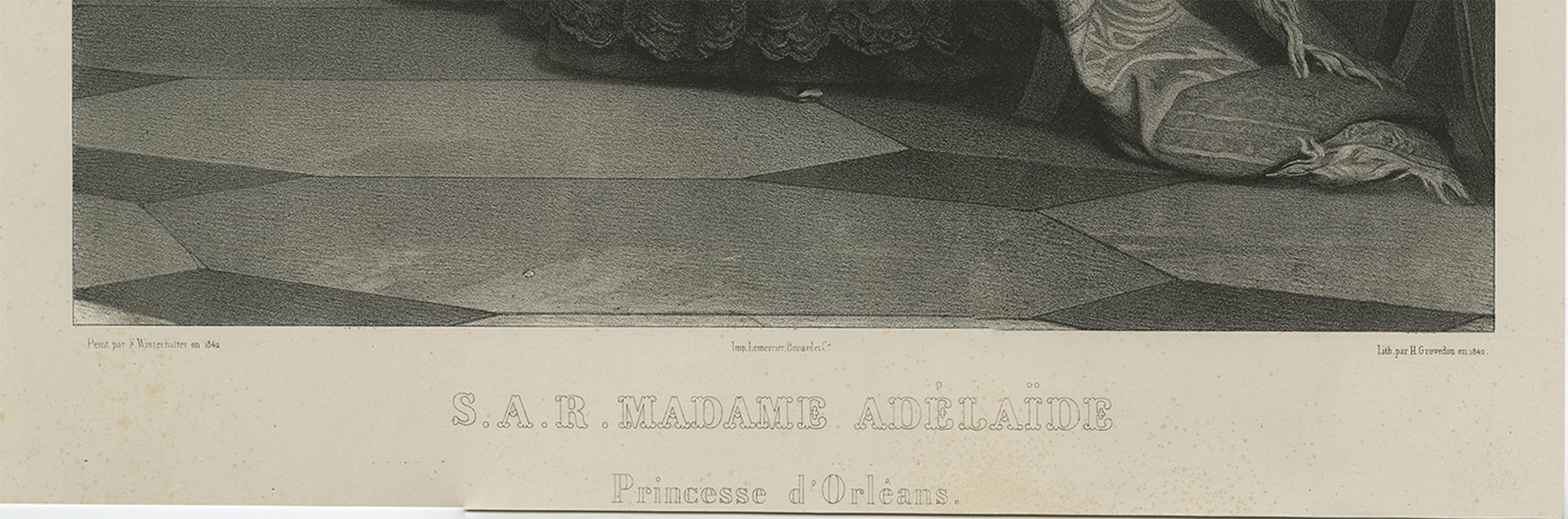 19th Century Large Antique Portrait of Princess Adelaide d'Orléans by H. Grevedon, 1842 For Sale