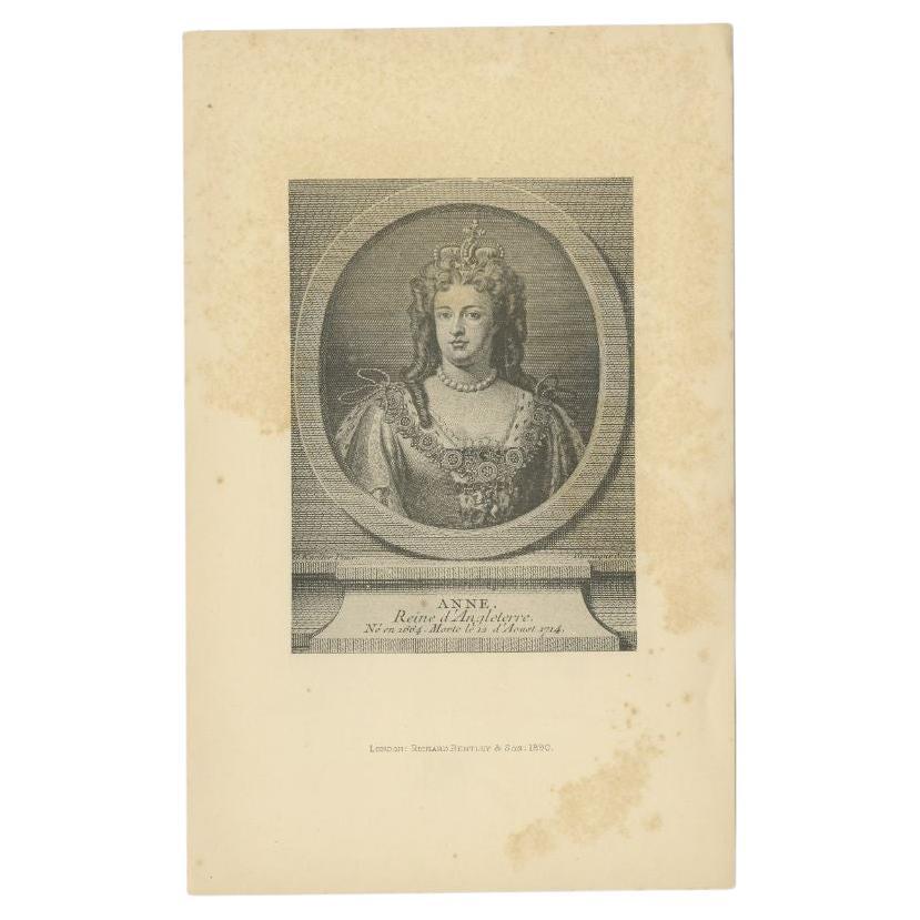 Antique portrait titled 'Anne, Reine d'Angleterre'. Anne was the Queen of England, Scotland and Ireland between 8 March 1702 and 1 May 1707. On 1 May 1707, under the Acts of Union, two of her realms, the kingdoms of England and Scotland, united as a