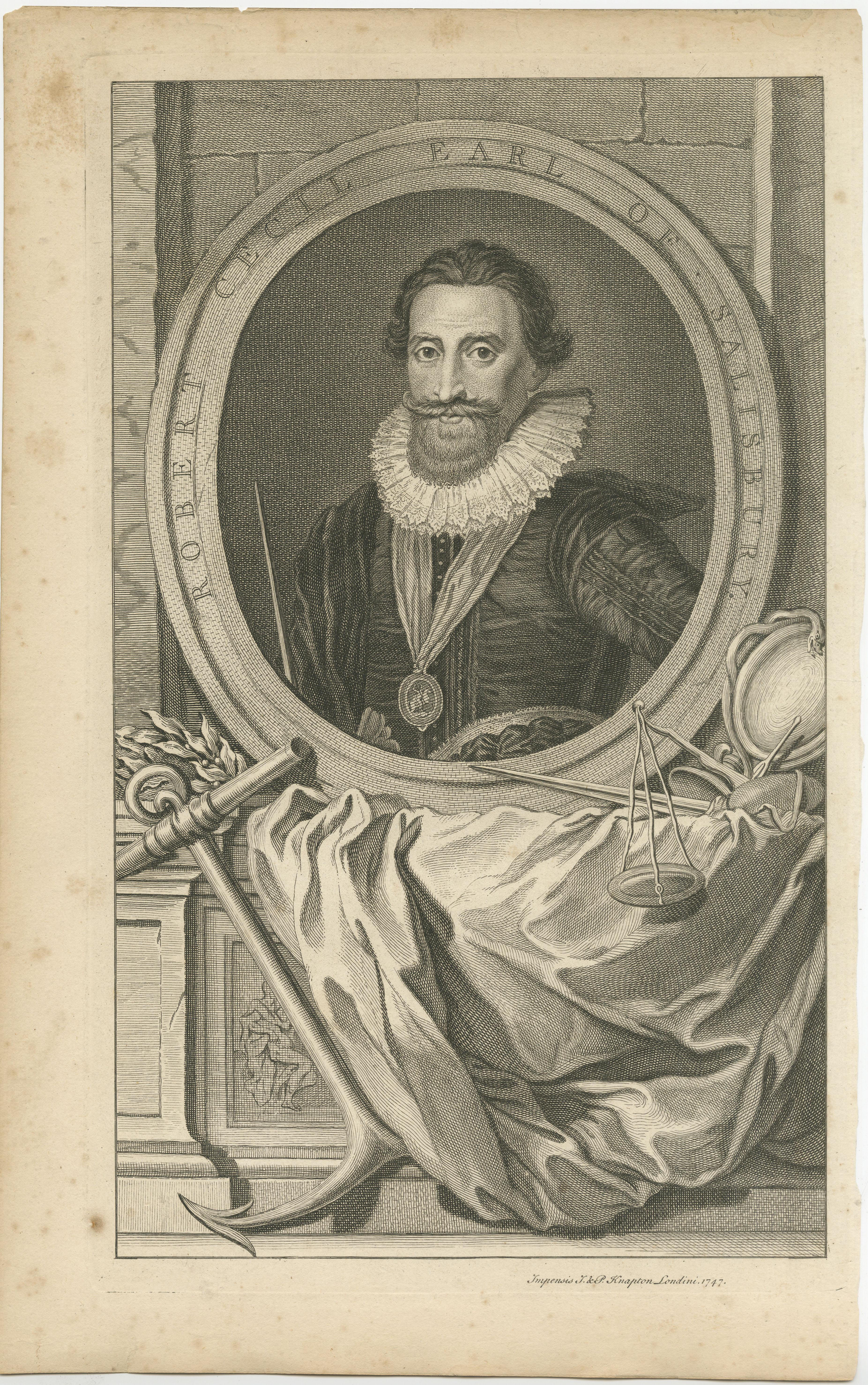 Antique portrait titled 'Robert Cecil Earl of Salisbury'. Robert Cecil, 1st Earl of Salisbury, KG, PC (1 June 1563 – 24 May 1612), was an English statesman noted for his direction of the government during the Union of the Crowns, as Tudor England
