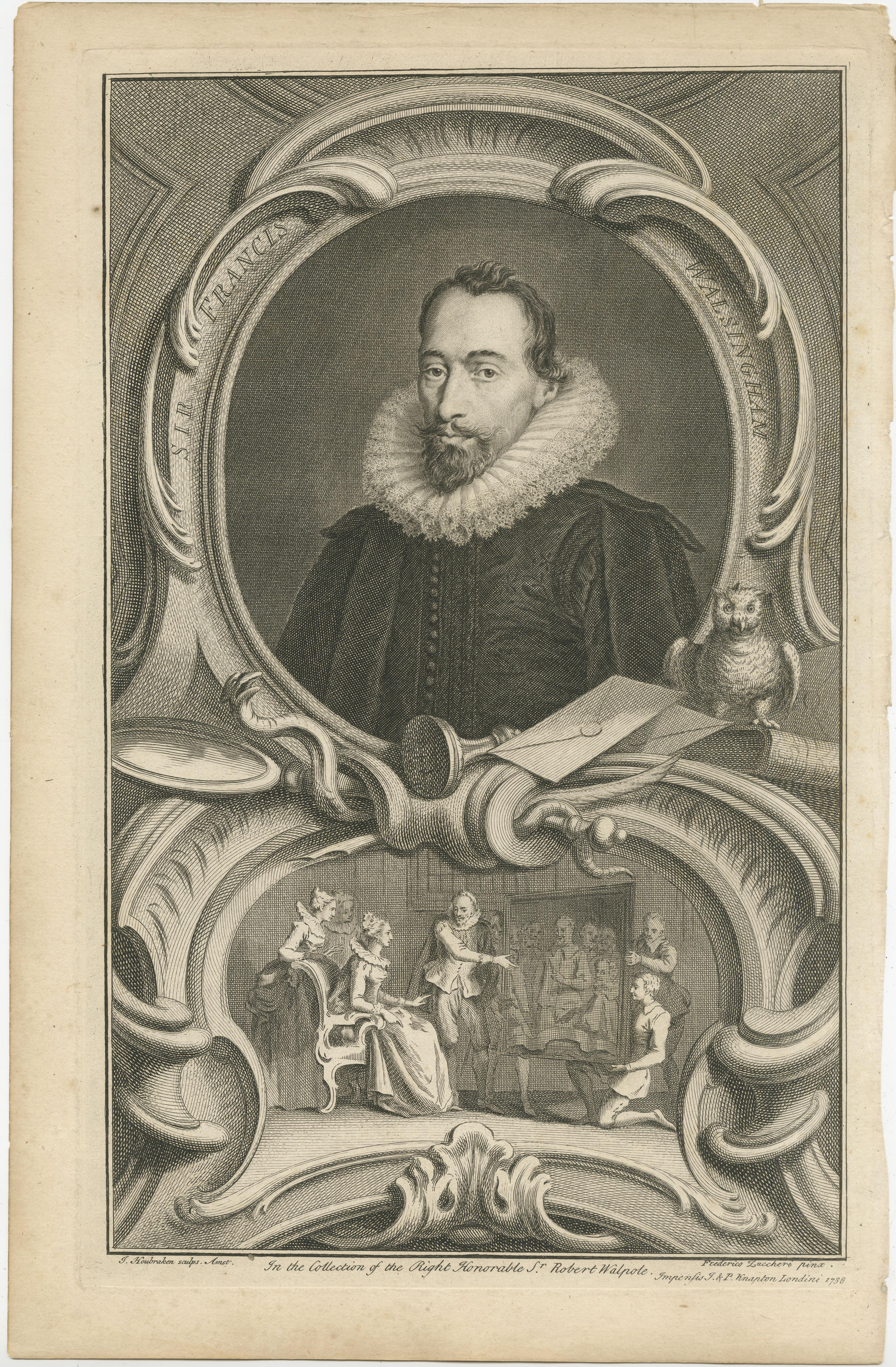 Antique portrait titled 'Sir Francis Walsingham'. Old print of Sir Francis Walsingham (c.?1532 – 6 April 1590). He was principal secretary to Queen Elizabeth I of England from 20 December 1573 until his death and is popularly remembered as her
