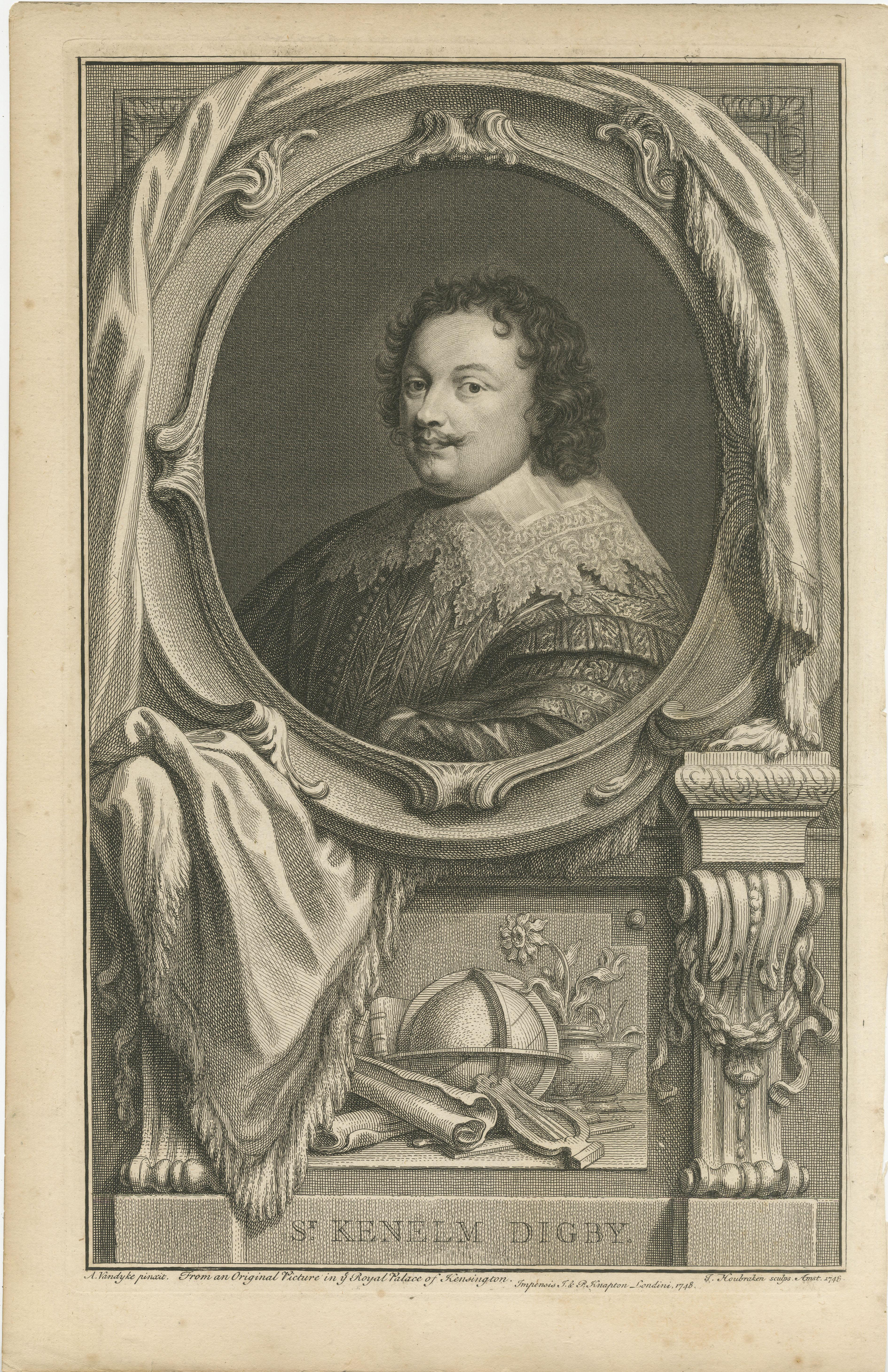 Antique portrait titled 'Sr. Kenelm Digby'. Sir Kenelm Digby (11 July 1603 – 11 June 1665) was an English courtier and diplomat. He was also a highly reputed natural philosopher, astrologer and known as a leading Roman Catholic intellectual and