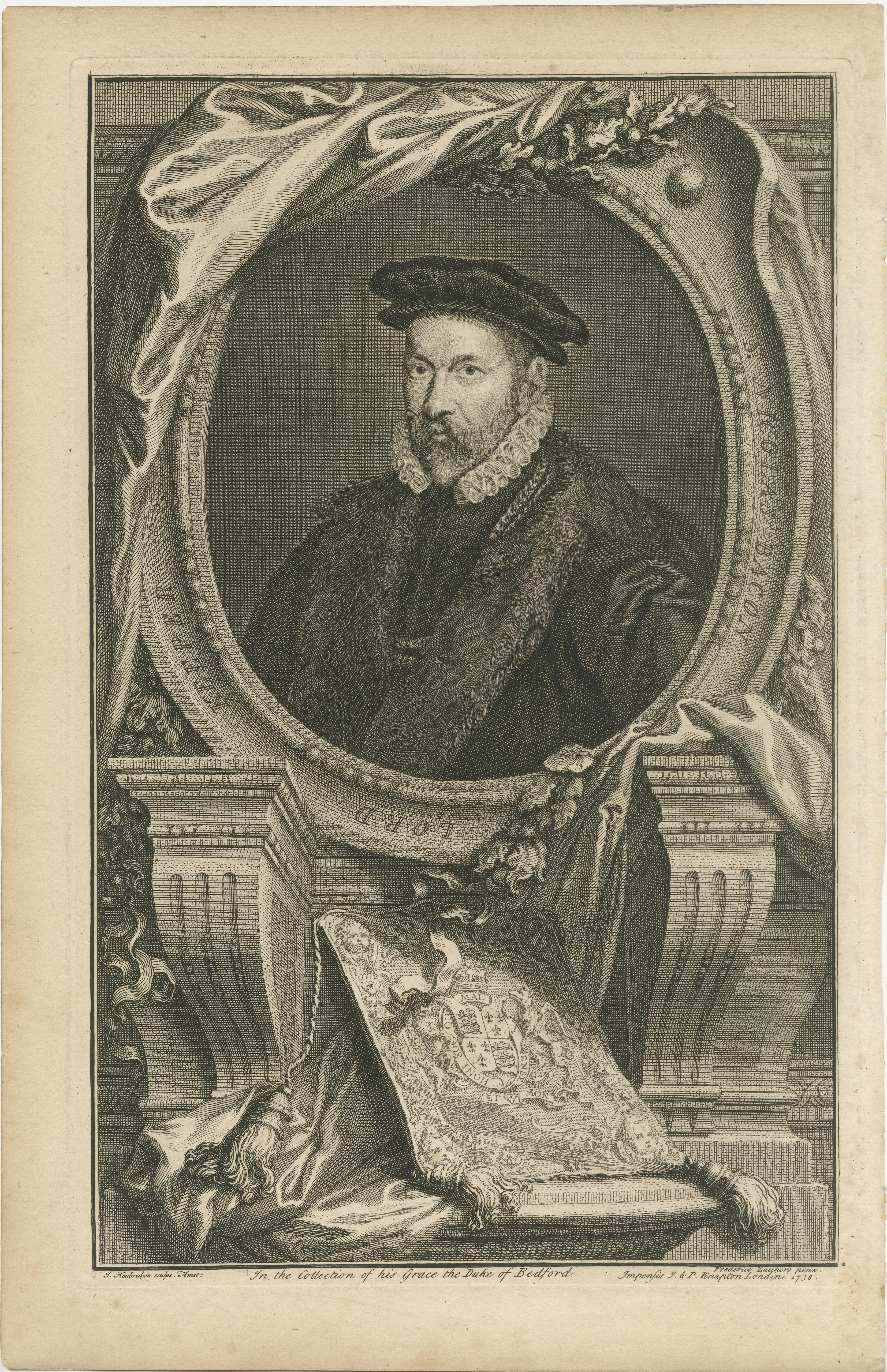 Antique portrait titled 'Sr. Nicolas Bacon Lord Keeper'. Sir Nicholas Bacon (28 December 1510 – 20 February 1579) was Lord Keeper of the Great Seal during the first half of the reign of Queen Elizabeth I of England. He was the father of the