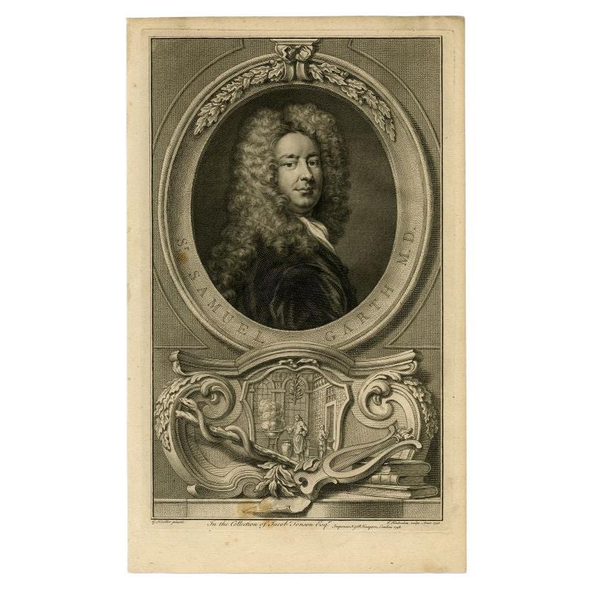 Antique Portrait of Sir Samuel Garth by Houbraken, 1748 For Sale